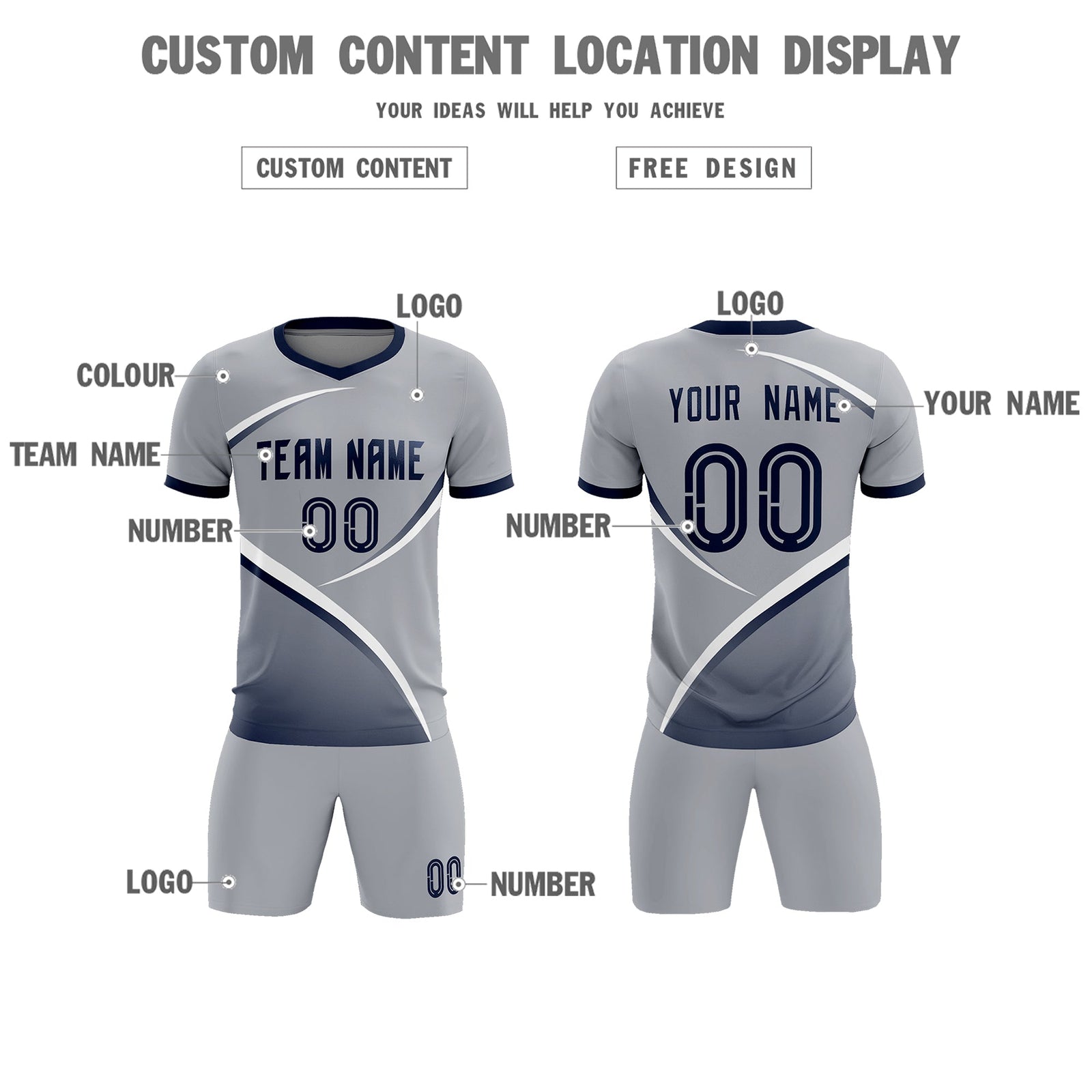 Custom Gray Navy Color Block Training Uniform For Men Soccer Sets Jersey