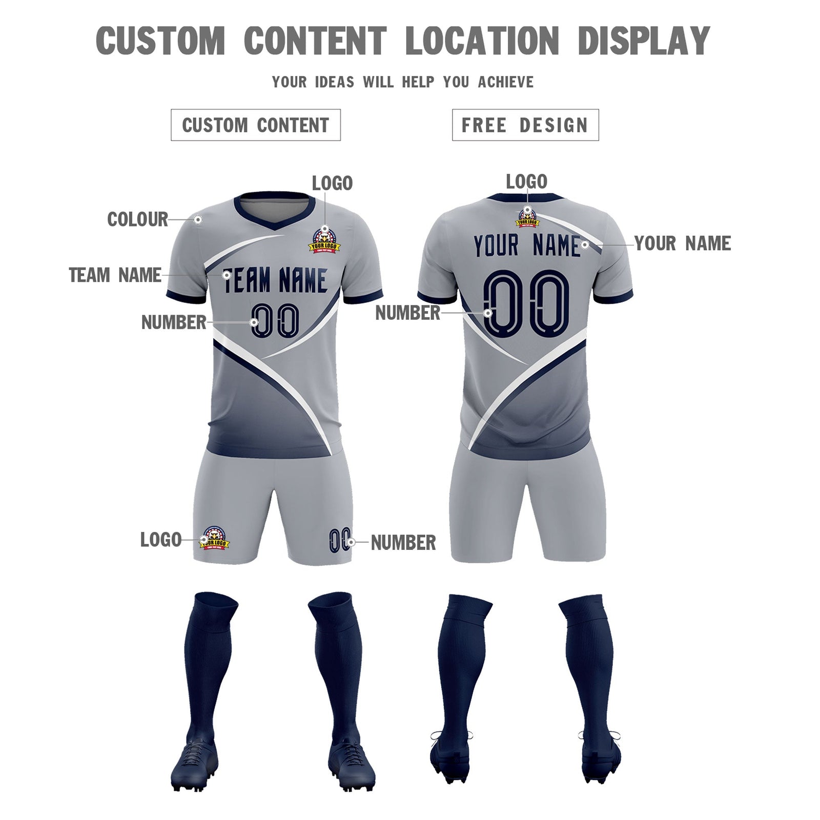 Custom Gray Navy Color Block Training Uniform For Men Soccer Sets Jersey