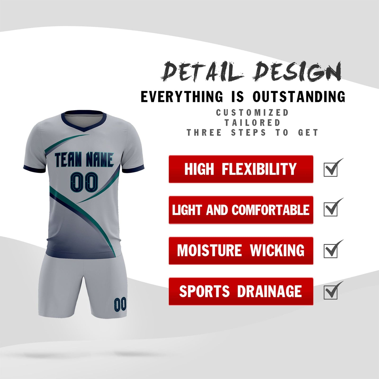Custom Gray Navy Color Block Training Uniform For Men Soccer Sets Jersey