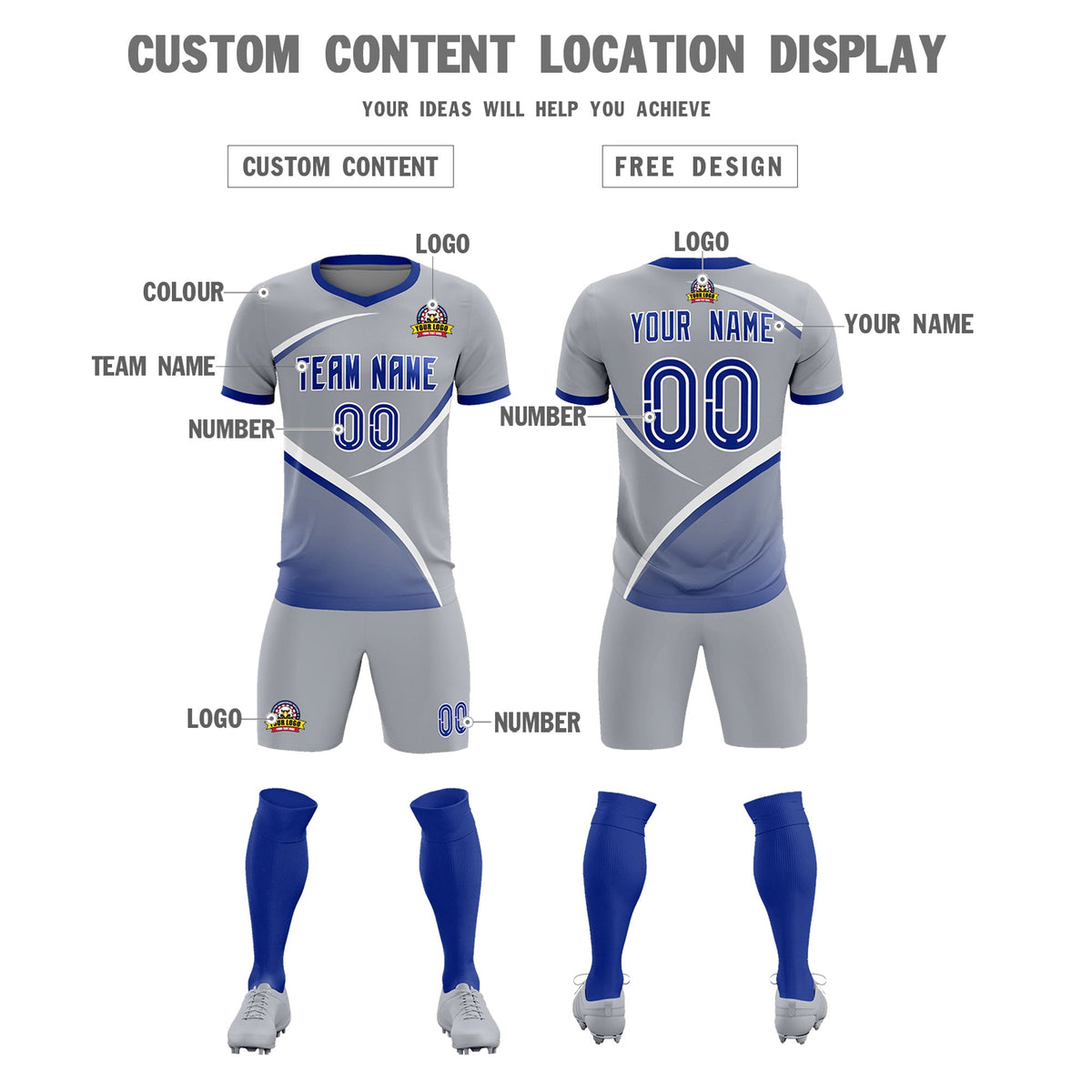 Custom Gray Royal Color Block Training Uniform For Men Soccer Sets Jersey