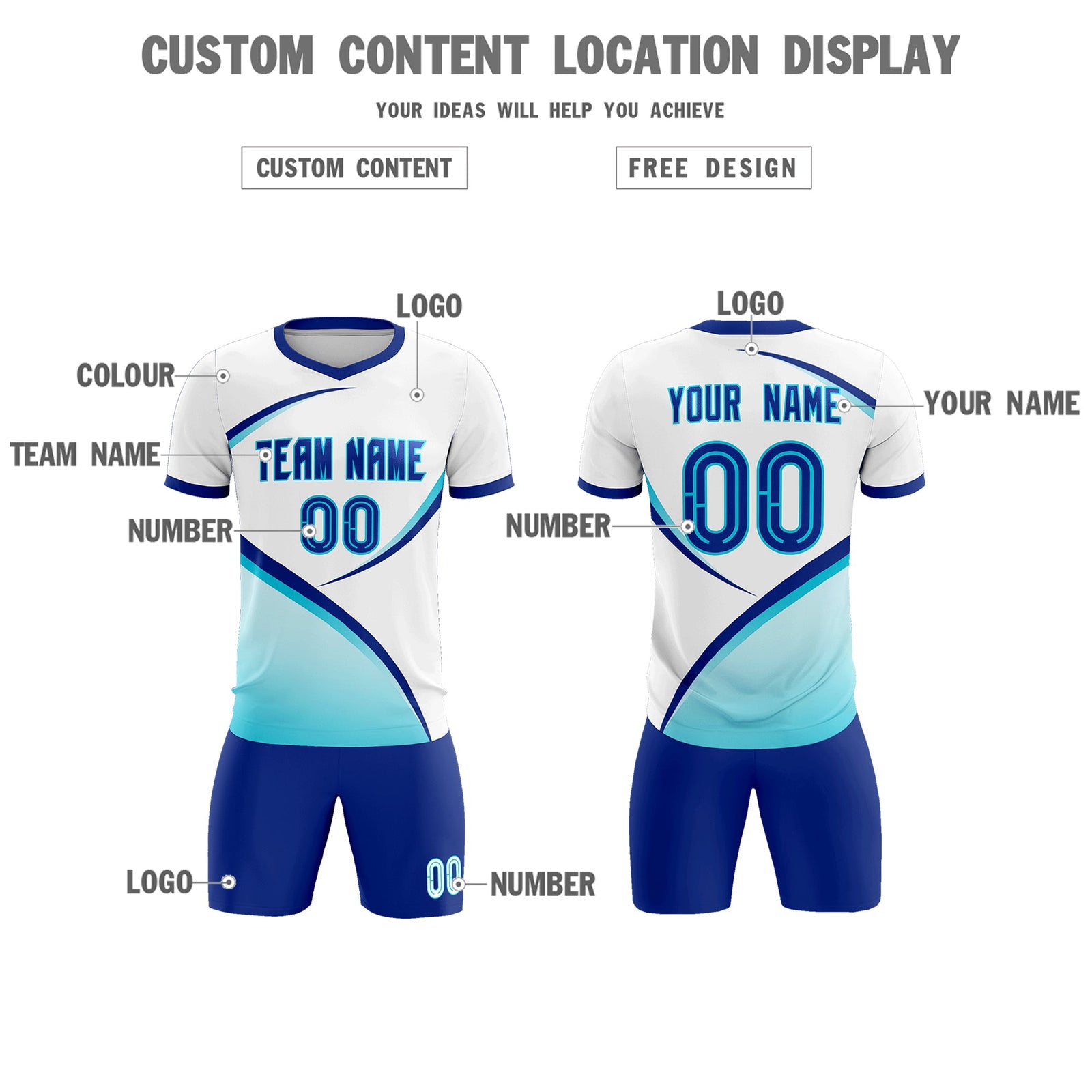 Custom White Sky Blue Color Block Training Uniform For Men Soccer Sets Jersey