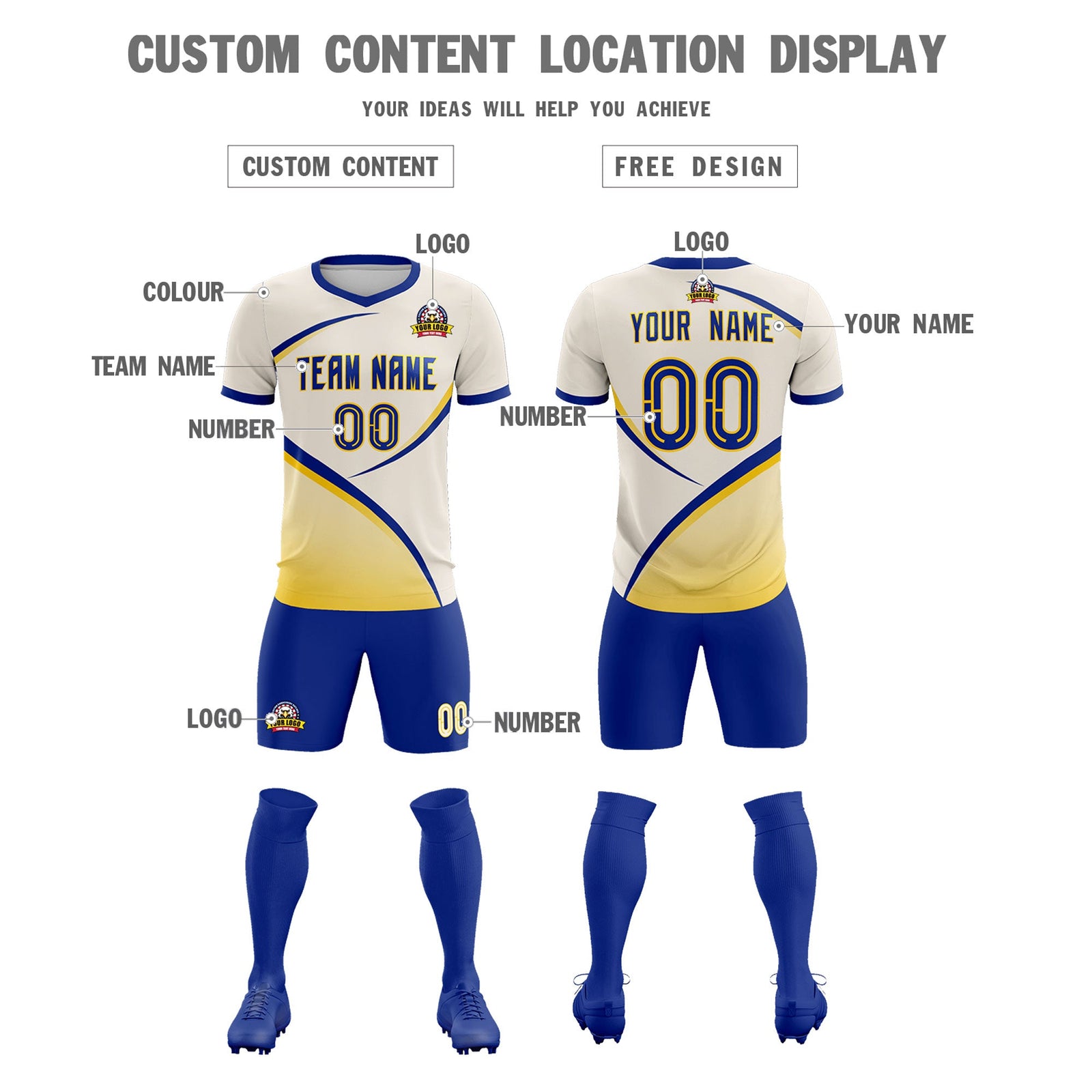 Custom Cream Royal Color Block Training Uniform For Men Soccer Sets Jersey