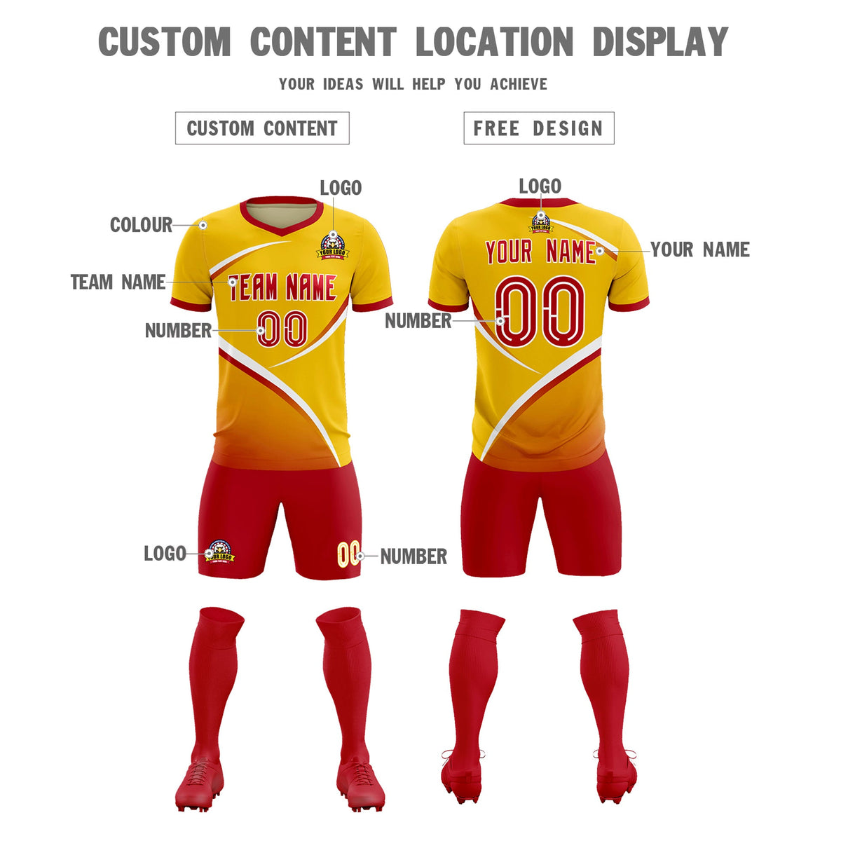 Custom Gold Red Color Block Training Uniform For Men Soccer Sets Jersey