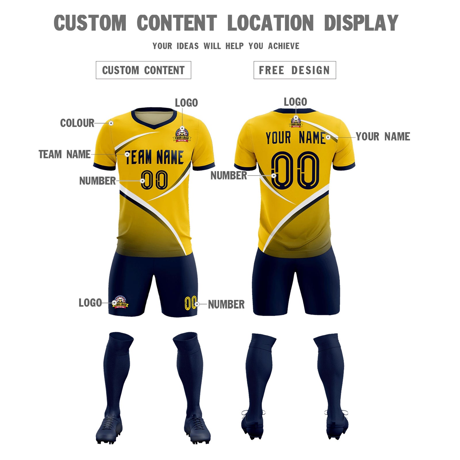 Custom Gold Navy Color Block Training Uniform For Men Soccer Sets Jersey
