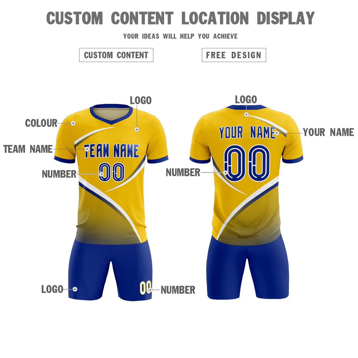Custom Gold Royal Color Block Training Uniform For Men Soccer Sets Jersey