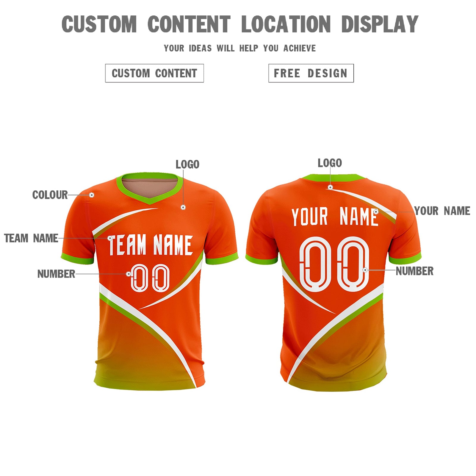 Custom Orange Neon Green Color Block Training Uniform For Men Soccer Sets Jersey