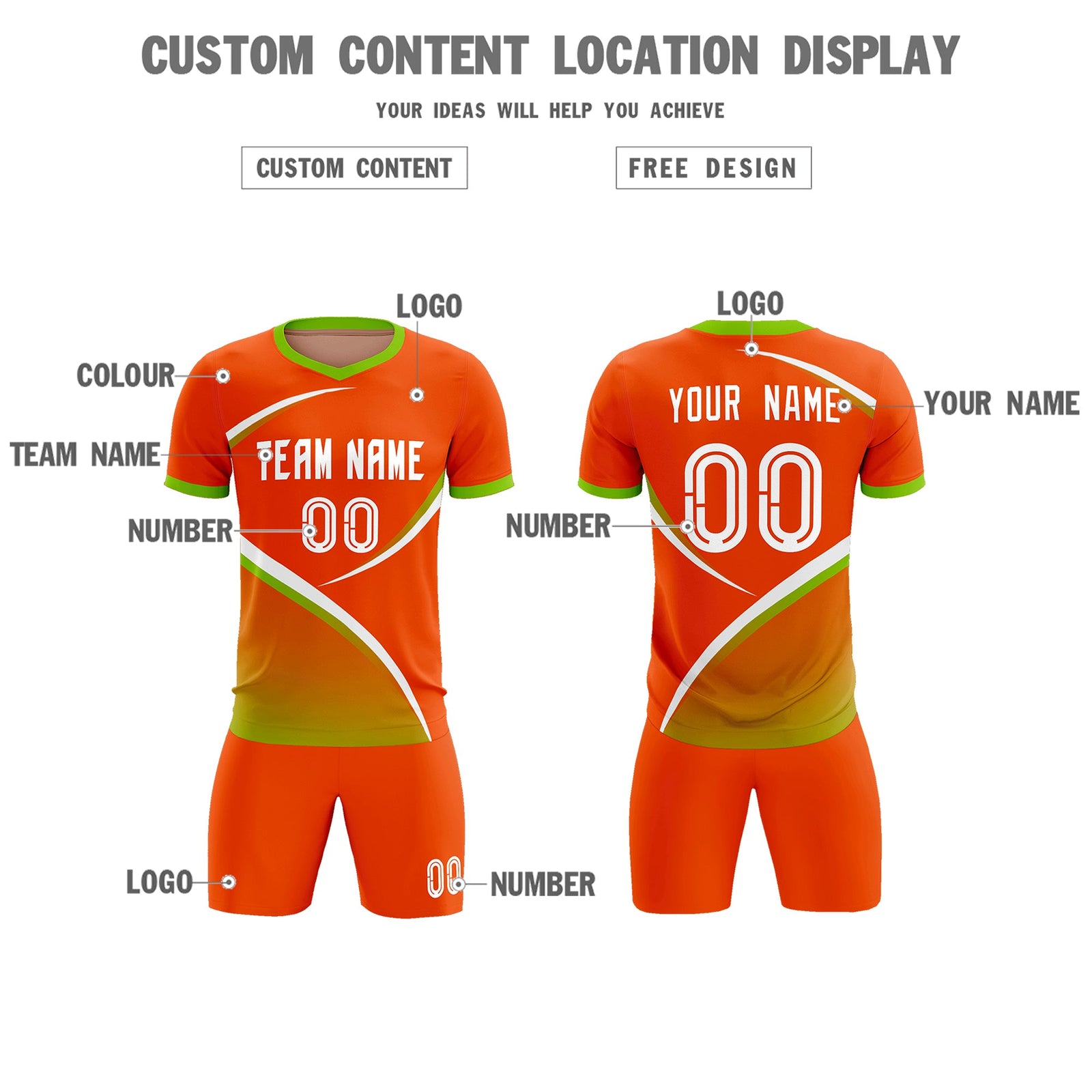 Custom Orange Neon Green Color Block Training Uniform For Men Soccer Sets Jersey
