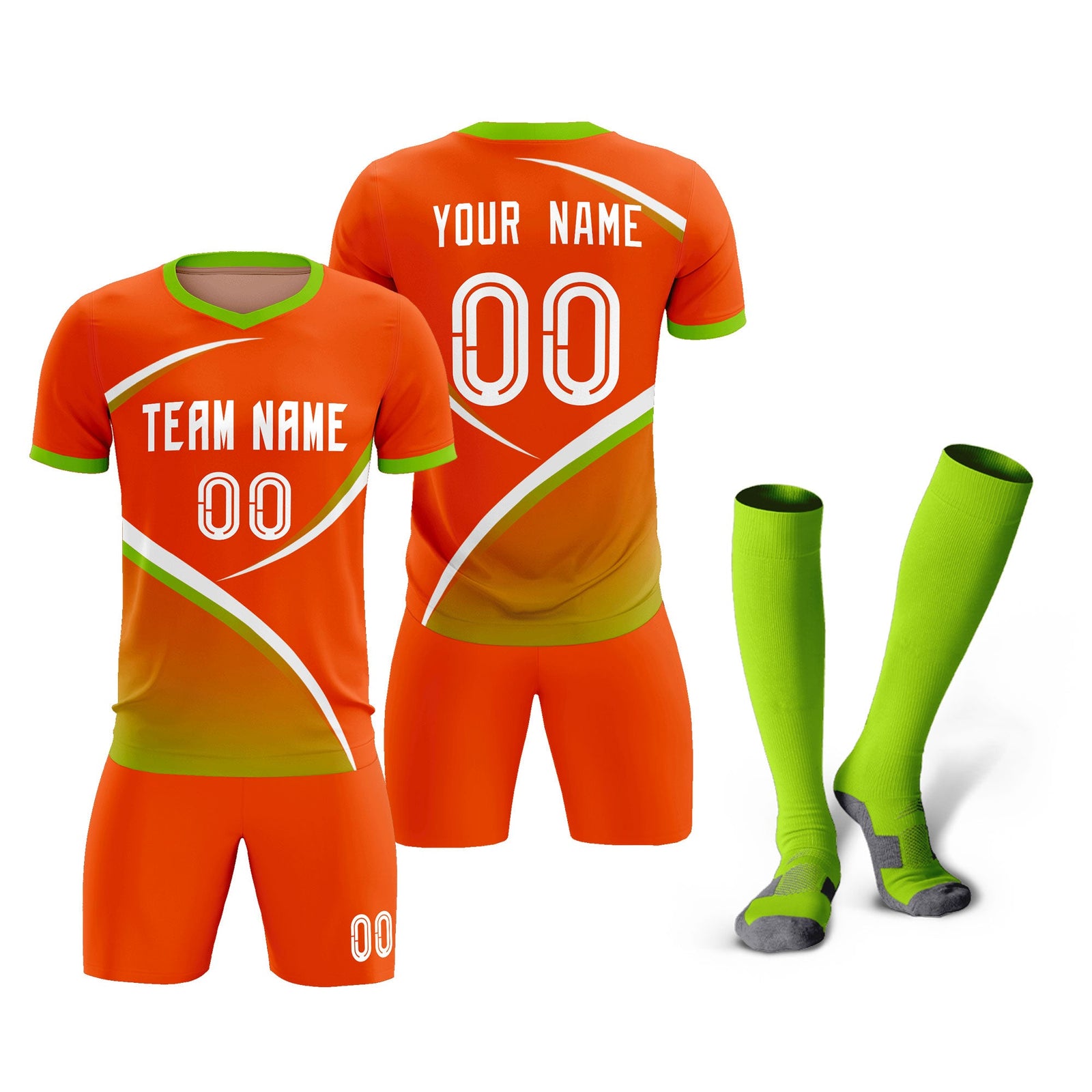 Custom Orange Neon Green Color Block Training Uniform For Men Soccer Sets Jersey