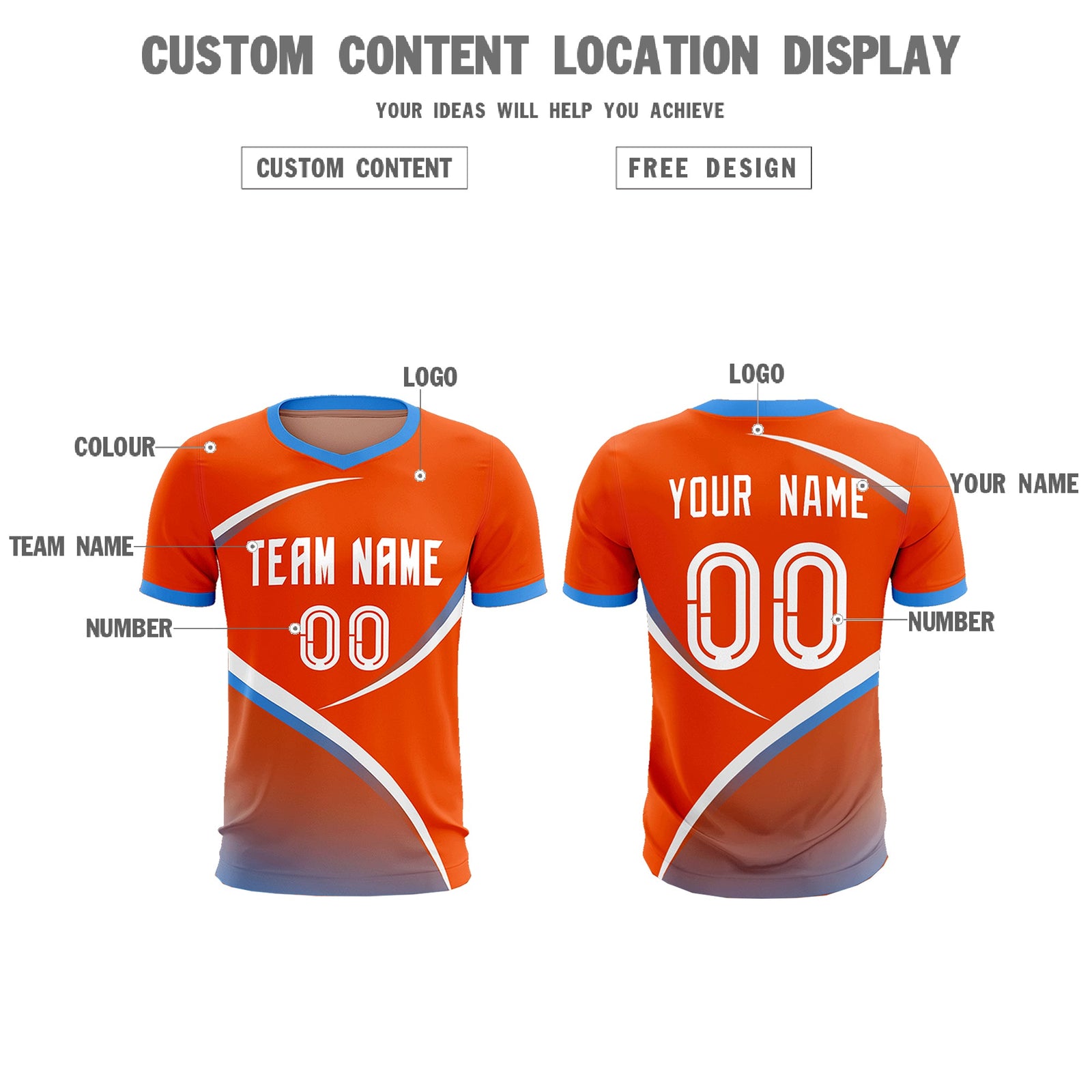 Custom Orange Powder Blue Color Block Training Uniform For Men Soccer Sets Jersey