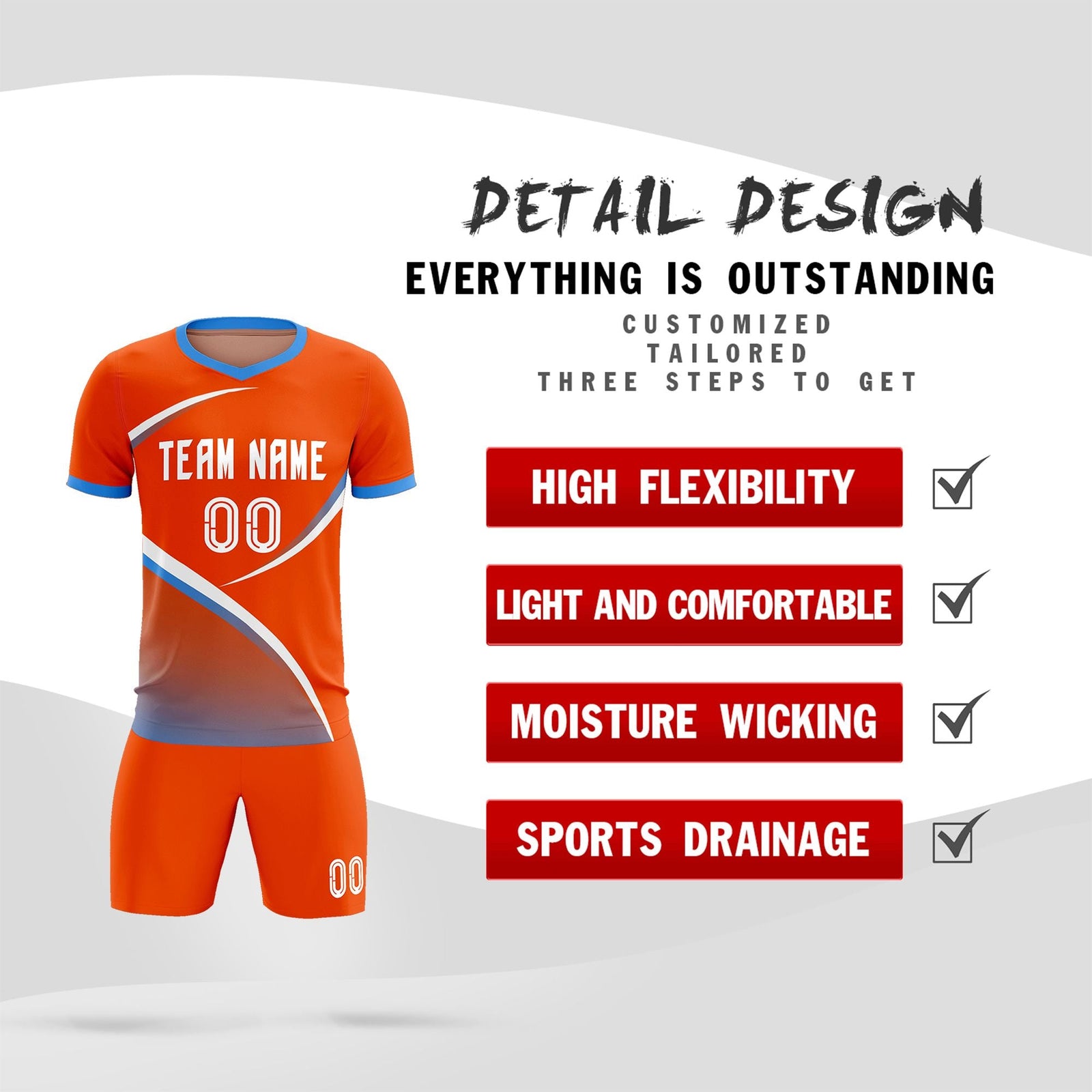 Custom Orange Powder Blue Color Block Training Uniform For Men Soccer Sets Jersey