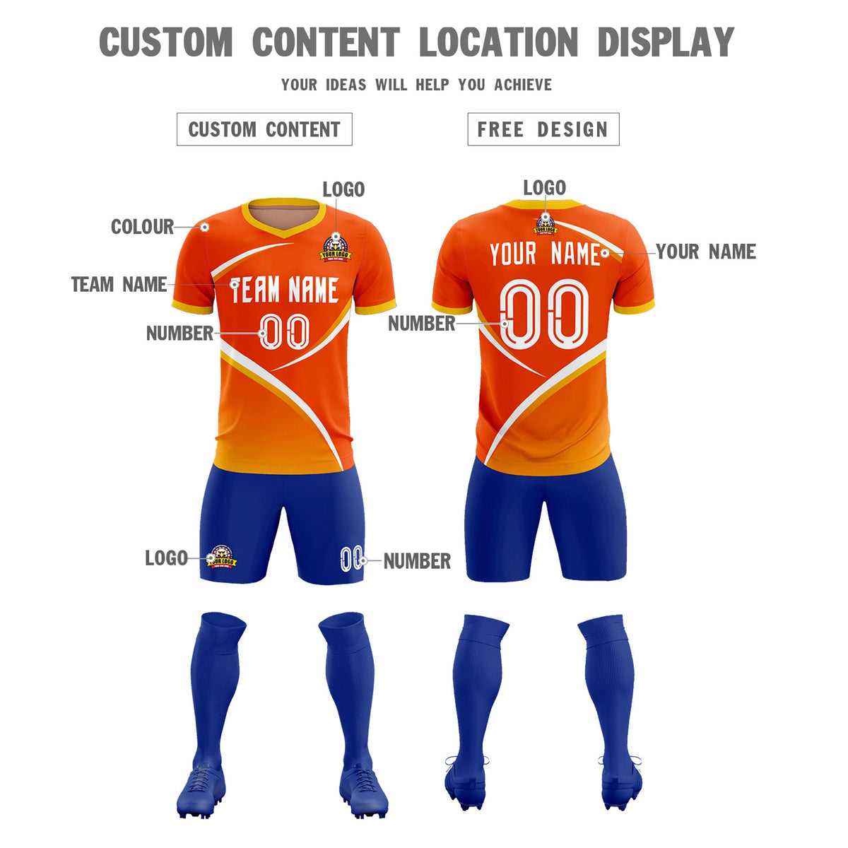Custom Orange Gold Color Block Training Uniform For Men Soccer Sets Jersey