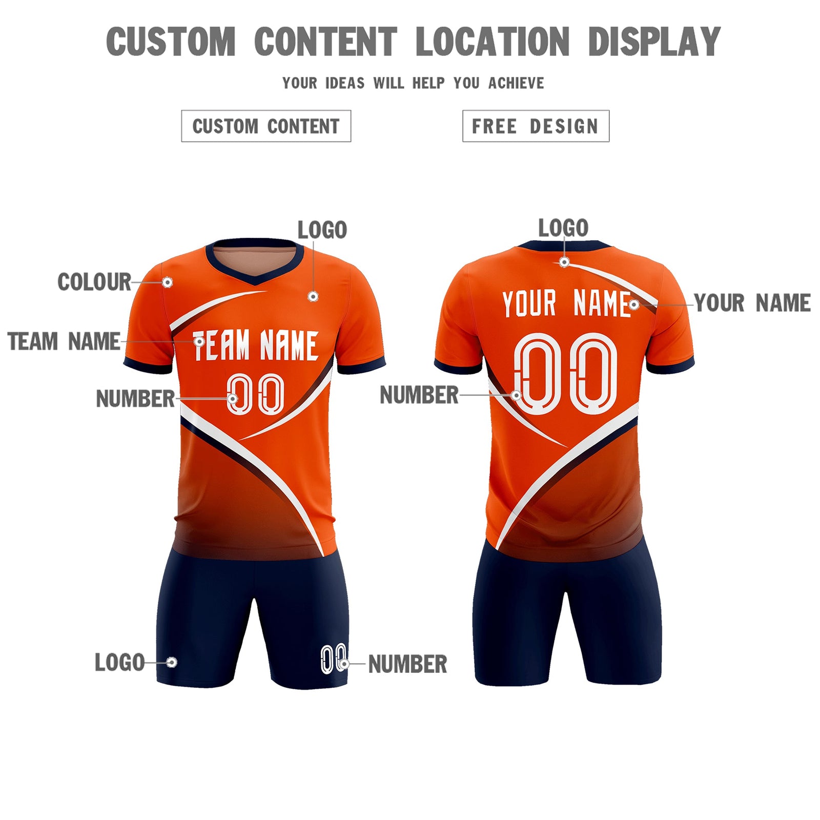 Custom Orange Navy Color Block Training Uniform For Men Soccer Sets Jersey