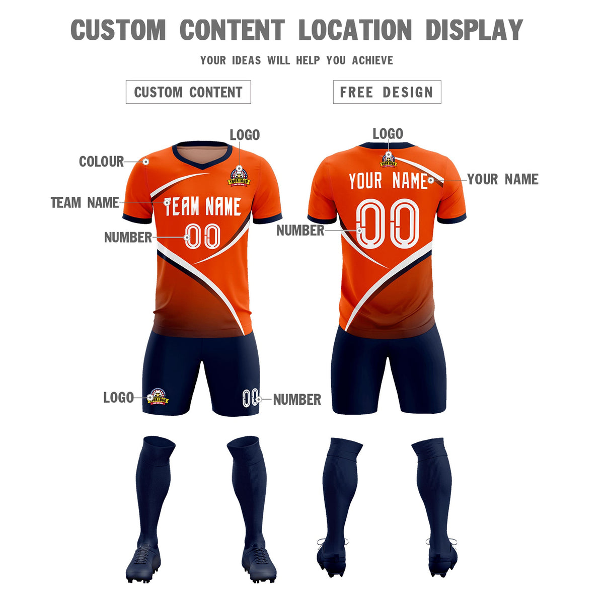 Custom Orange Navy Color Block Training Uniform For Men Soccer Sets Jersey