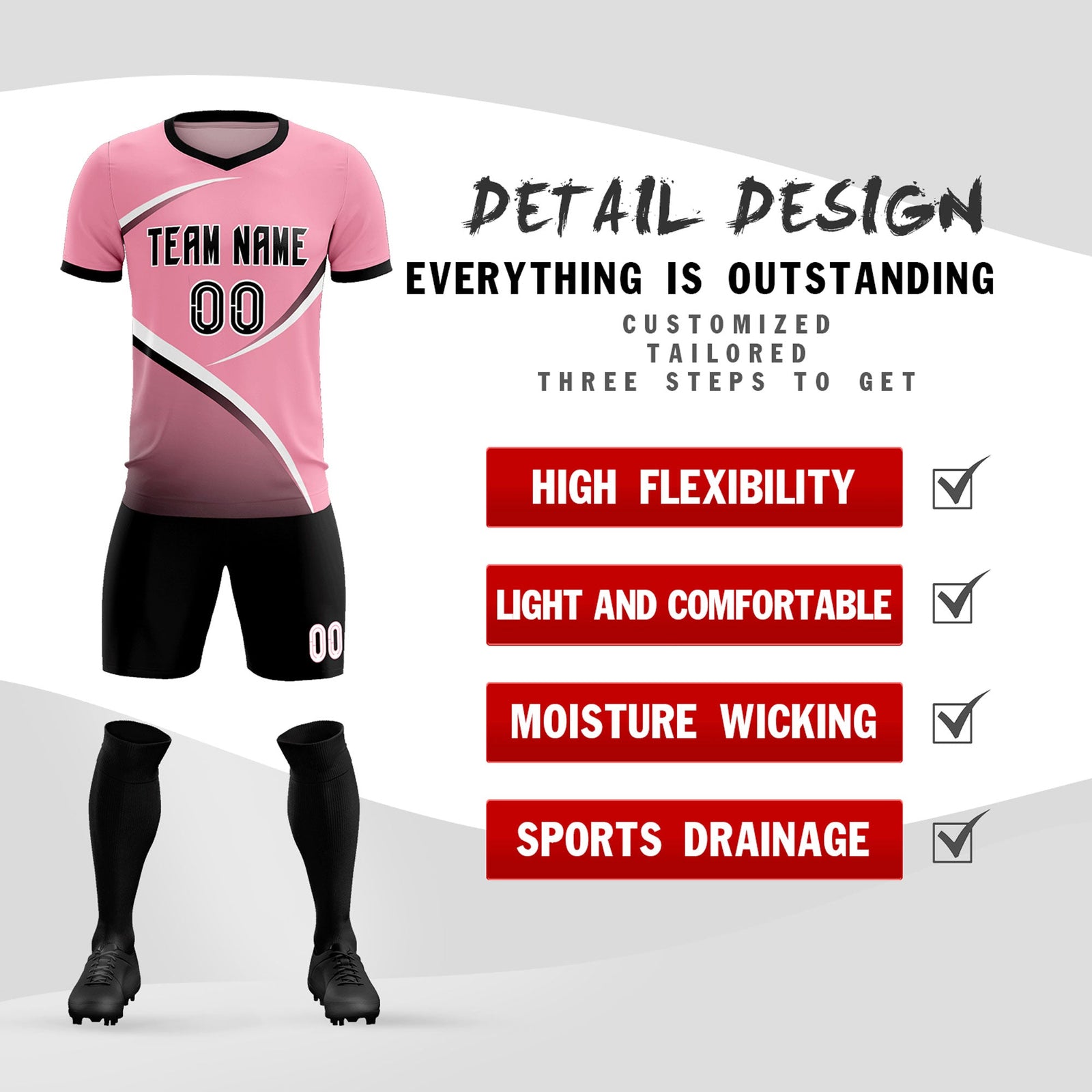 Custom Light Pink Black Color Block Training Uniform For Men Soccer Sets Jersey