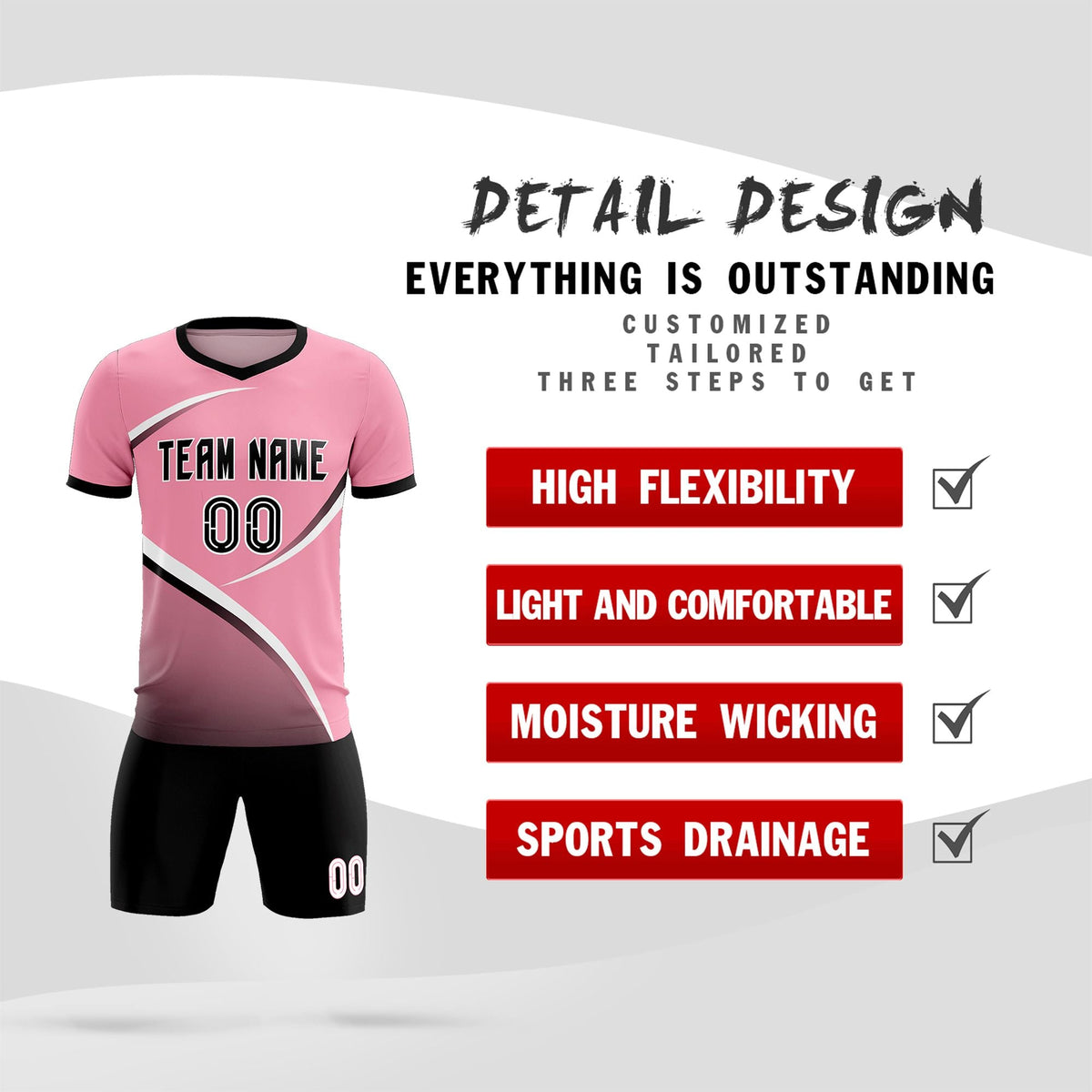 Custom Light Pink Black Color Block Training Uniform For Men Soccer Sets Jersey