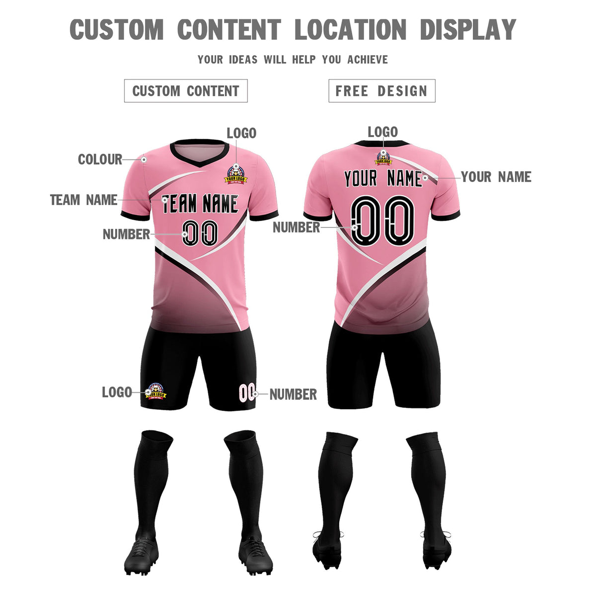 Custom Light Pink Black Color Block Training Uniform For Men Soccer Sets Jersey