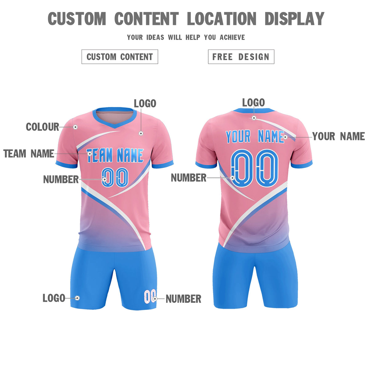 Custom Light Pink Powder Blue Color Block Training Uniform For Men Soccer Sets Jersey