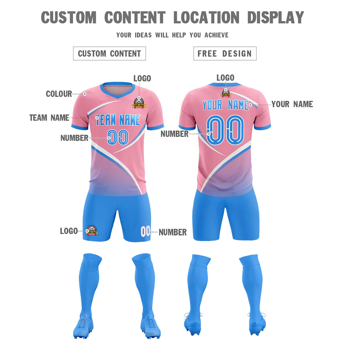 Custom Light Pink Powder Blue Color Block Training Uniform For Men Soccer Sets Jersey