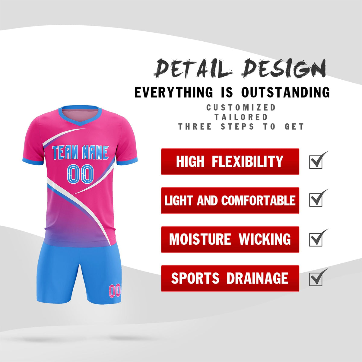 Custom Pink Powder Blue Color Block Training Uniform For Men Soccer Sets Jersey