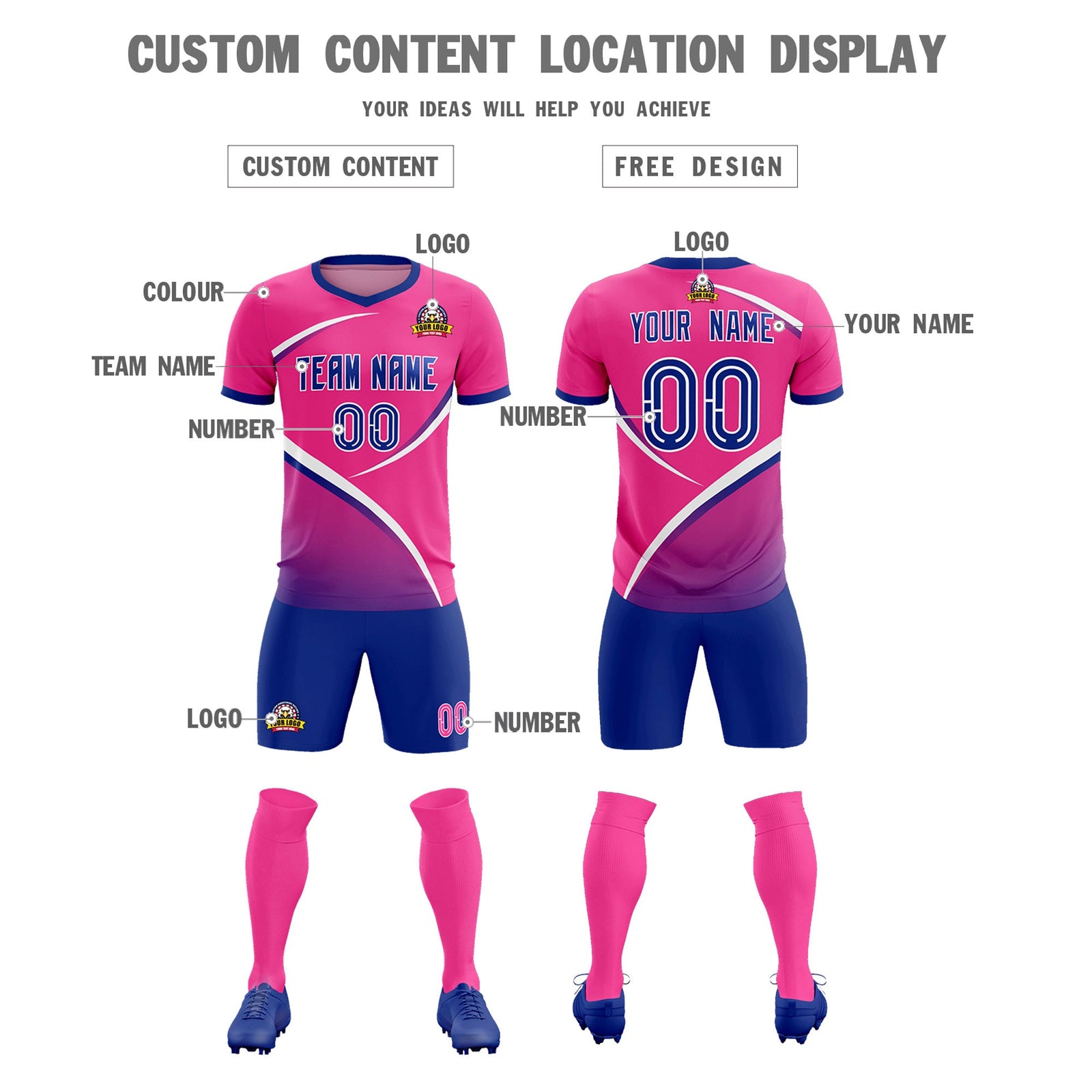 Custom Pink Royal Color Block Training Uniform For Men Soccer Sets Jersey