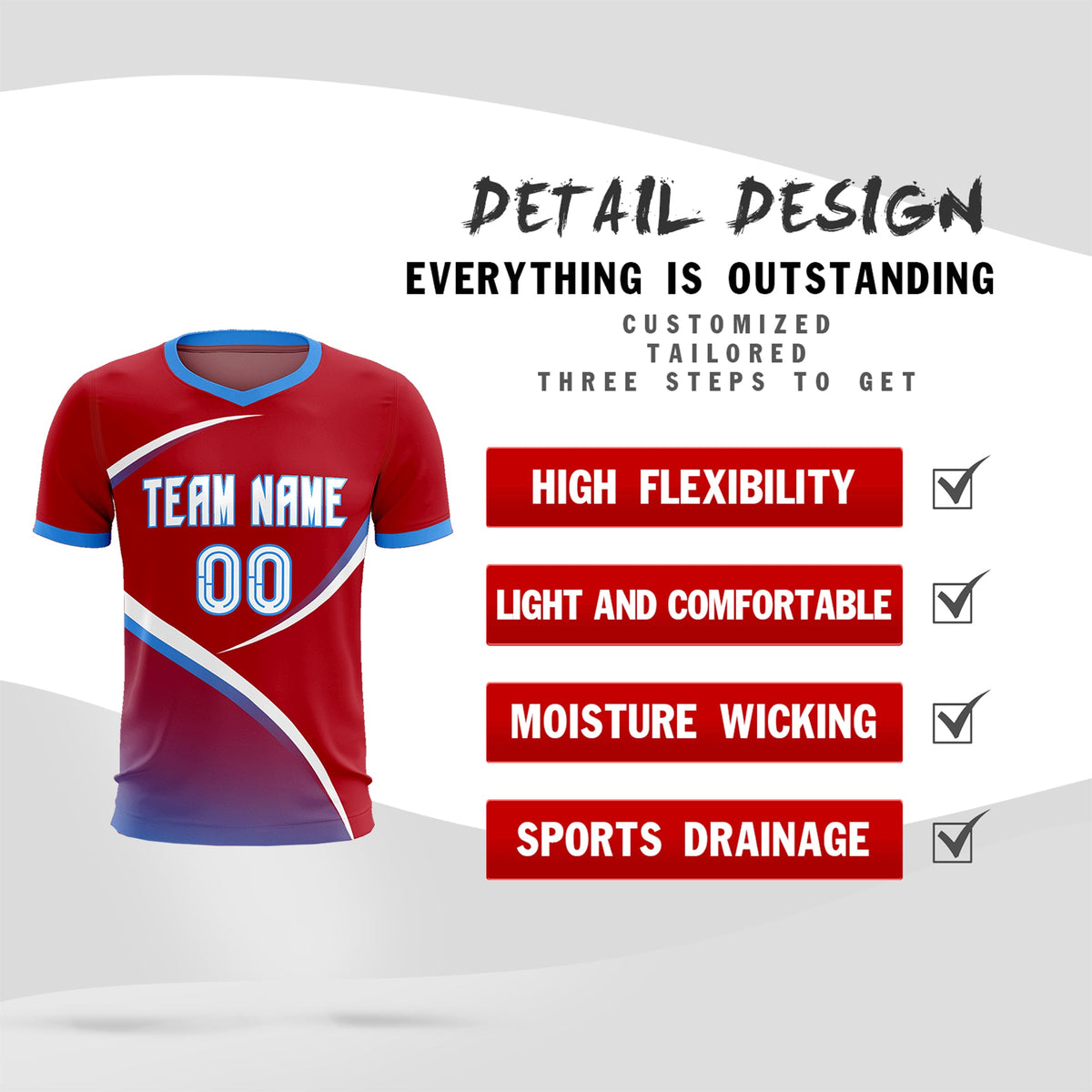 Custom Red Powder Blue Color Block Training Uniform For Men Soccer Sets Jersey