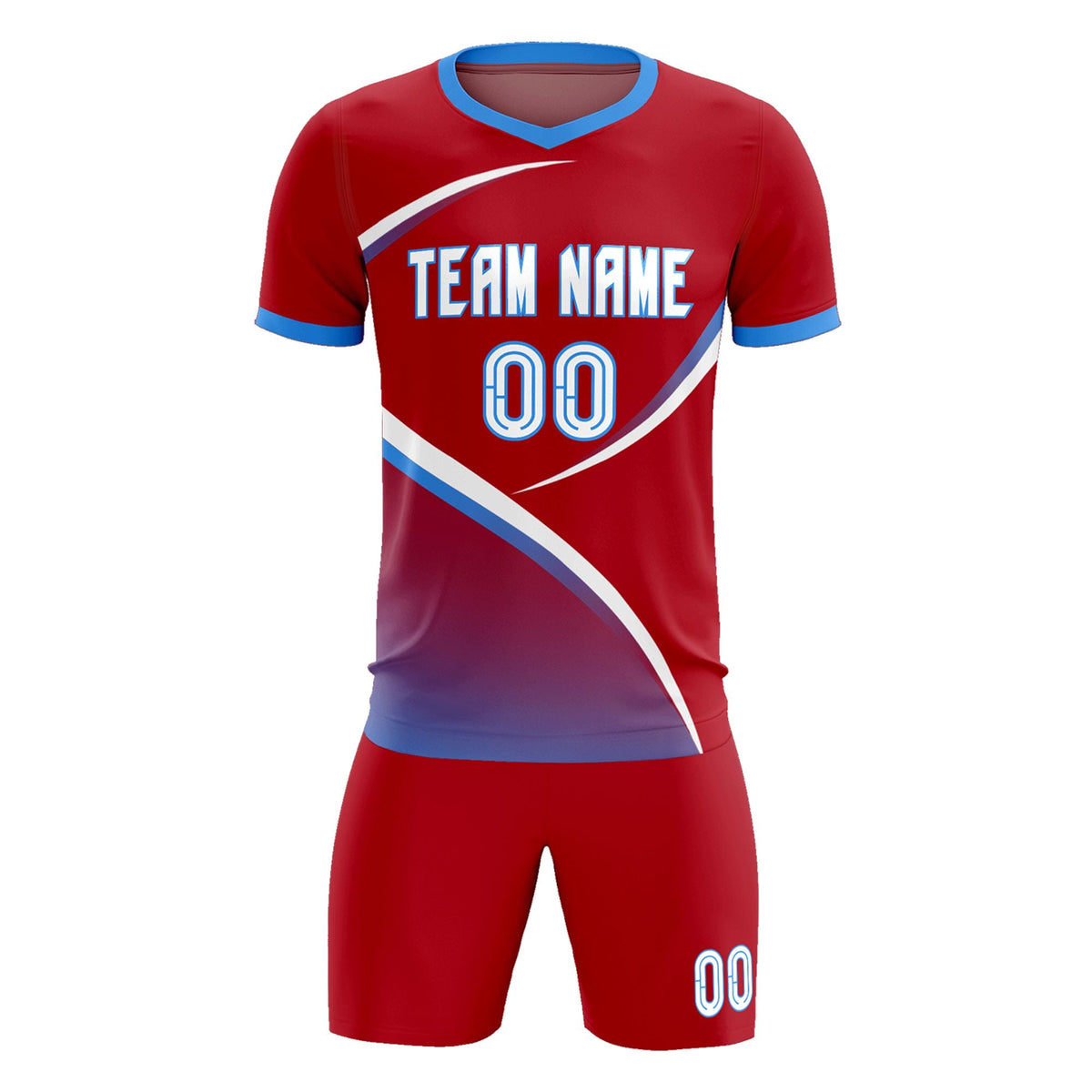 Custom Red Powder Blue Color Block Training Uniform For Men Soccer Sets Jersey
