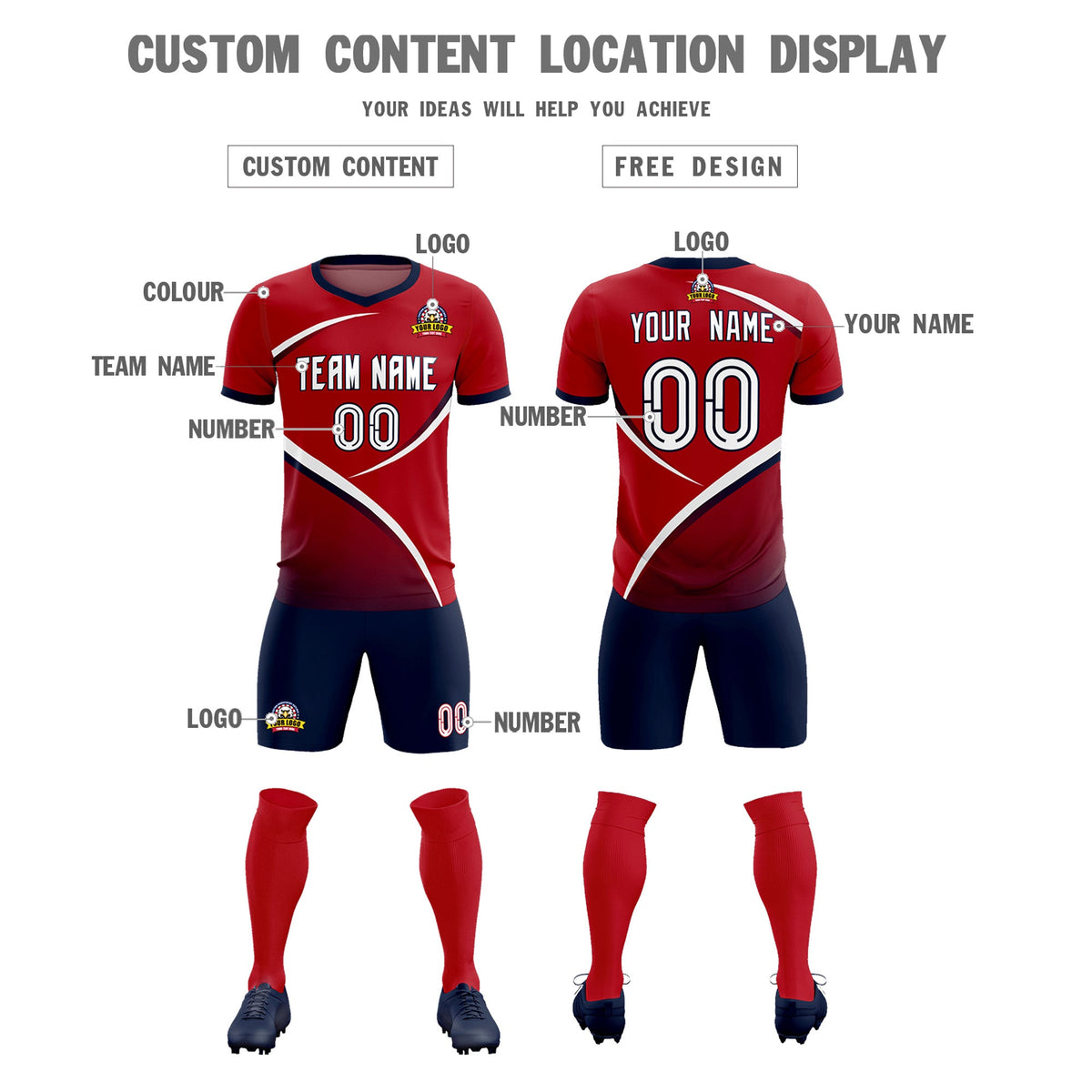 Custom Red Navy Color Block Training Uniform For Men Soccer Sets Jersey