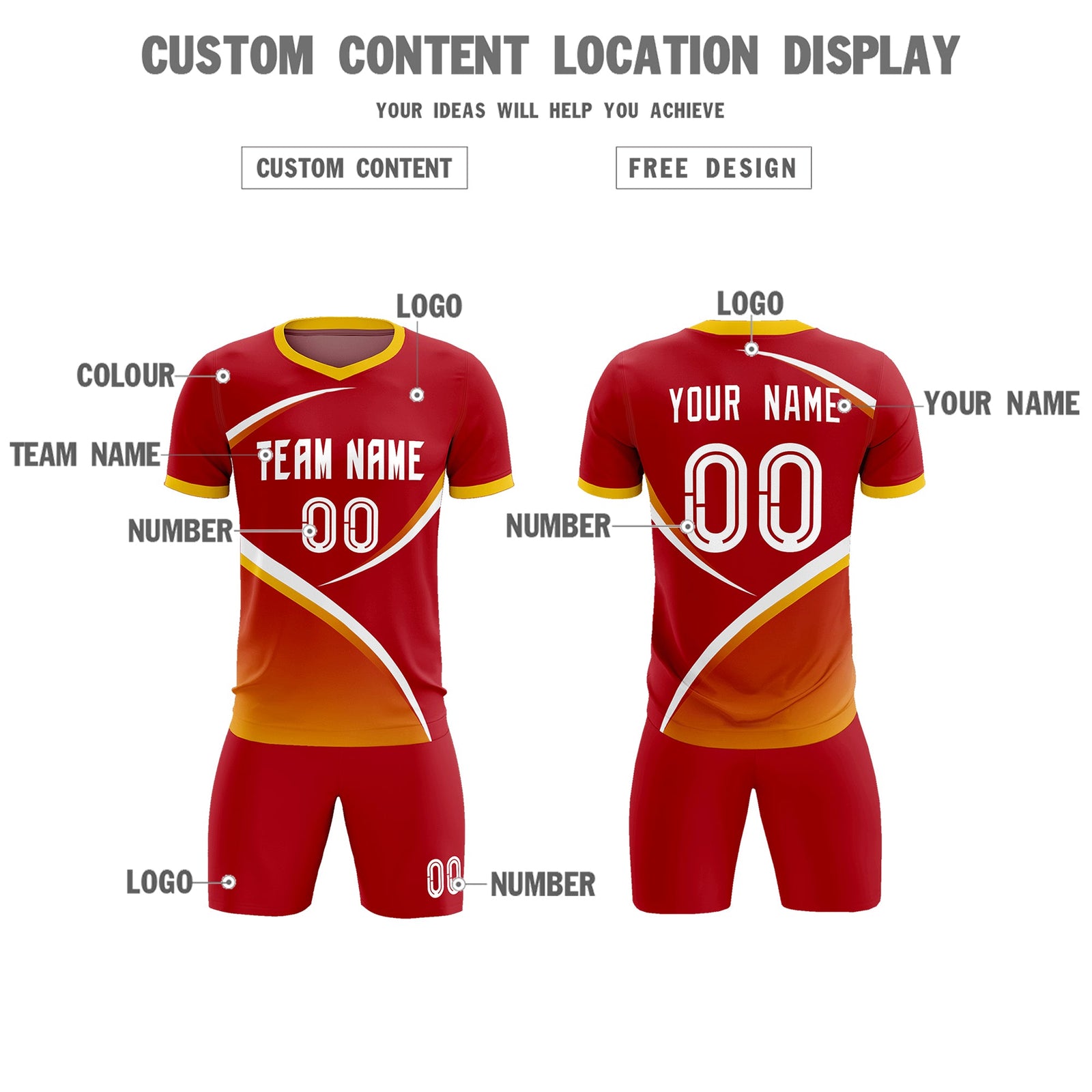 Custom Red Gold Color Block Training Uniform For Men Soccer Sets Jersey