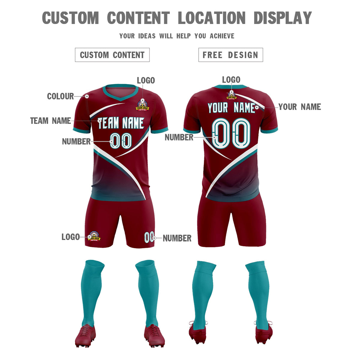 Custom Crimson Aqua Color Block Training Uniform For Men Soccer Sets Jersey
