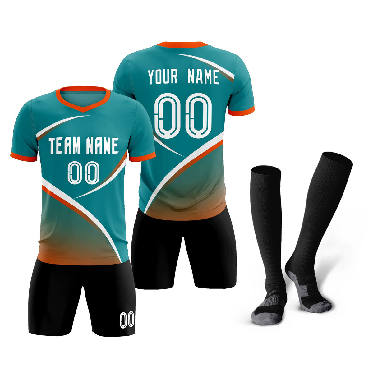 Custom Aqua Orange Color Block Training Uniform For Men Soccer Sets Jersey