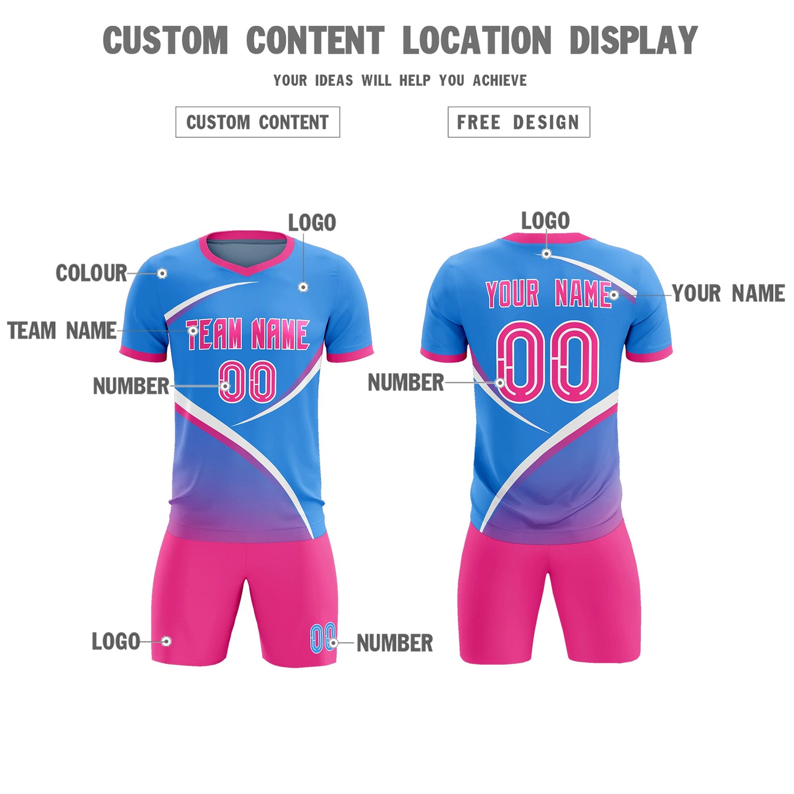 Custom Powder Blue Pink Color Block Training Uniform For Men Soccer Sets Jersey