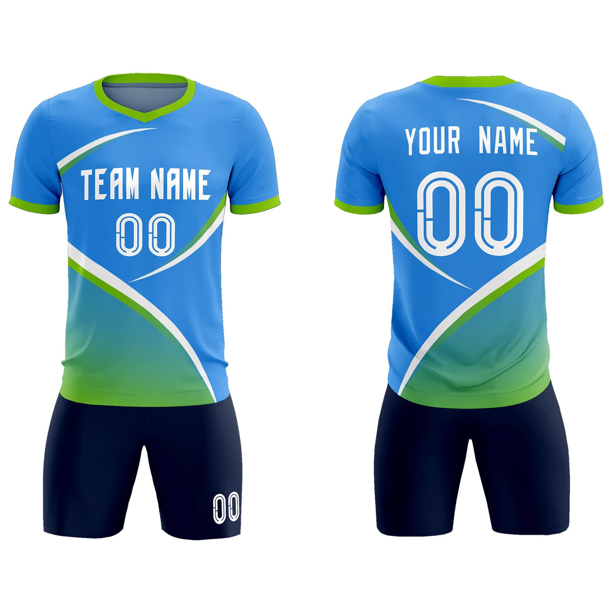 Custom Powder Blue Neon Green Color Block Training Uniform For Men Soccer Sets Jersey