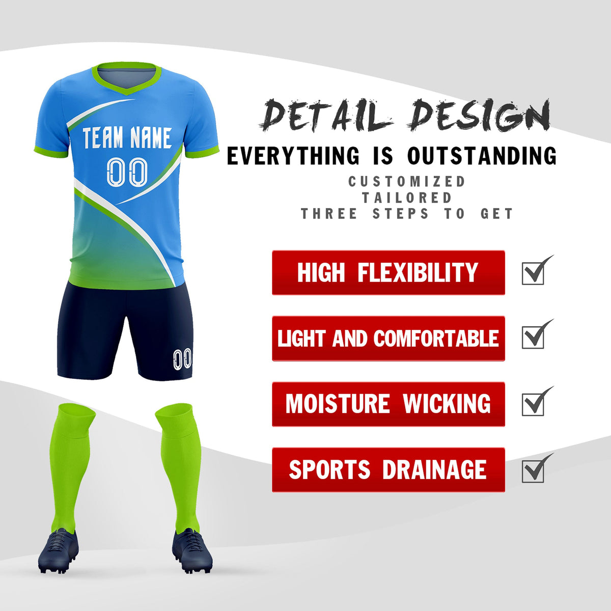 Custom Powder Blue Neon Green Color Block Training Uniform For Men Soccer Sets Jersey