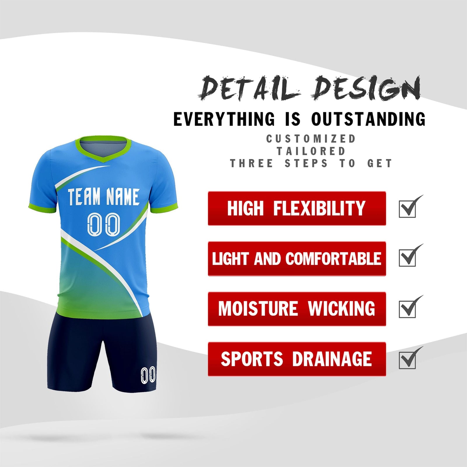 Custom Powder Blue Neon Green Color Block Training Uniform For Men Soccer Sets Jersey