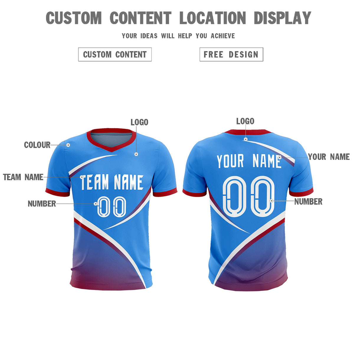 Custom Powder Blue Red Color Block Training Uniform For Men Soccer Sets Jersey