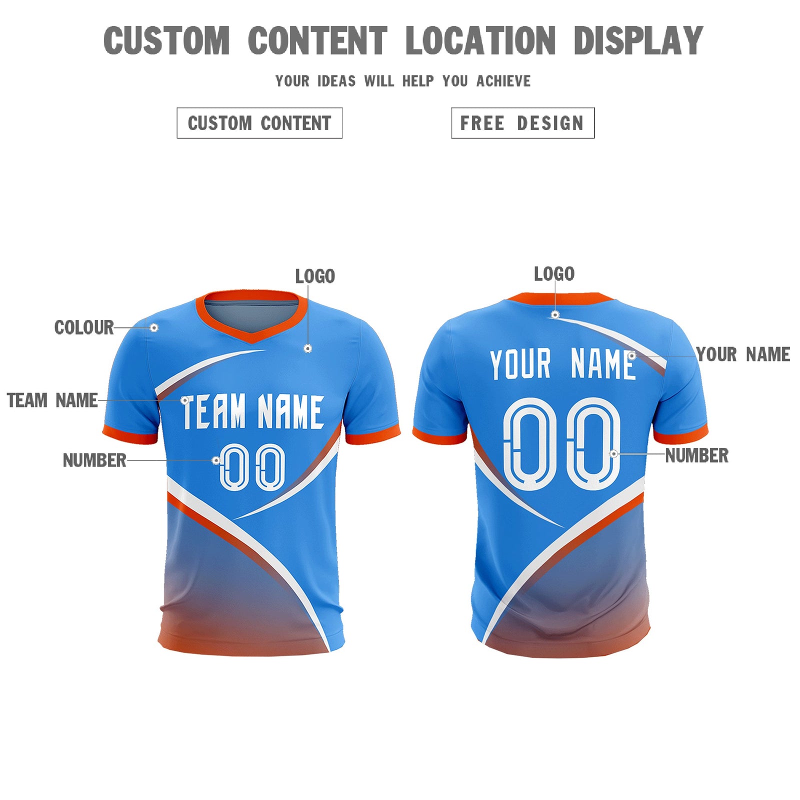 Custom Powder Blue Orange Color Block Training Uniform For Men Soccer Sets Jersey