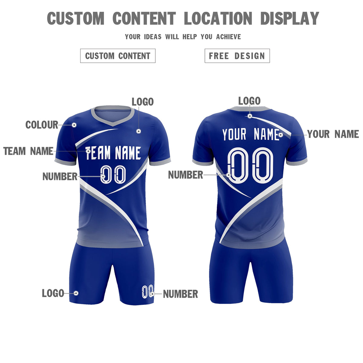 Custom Royal Gray Color Block Training Uniform For Men Soccer Sets Jersey