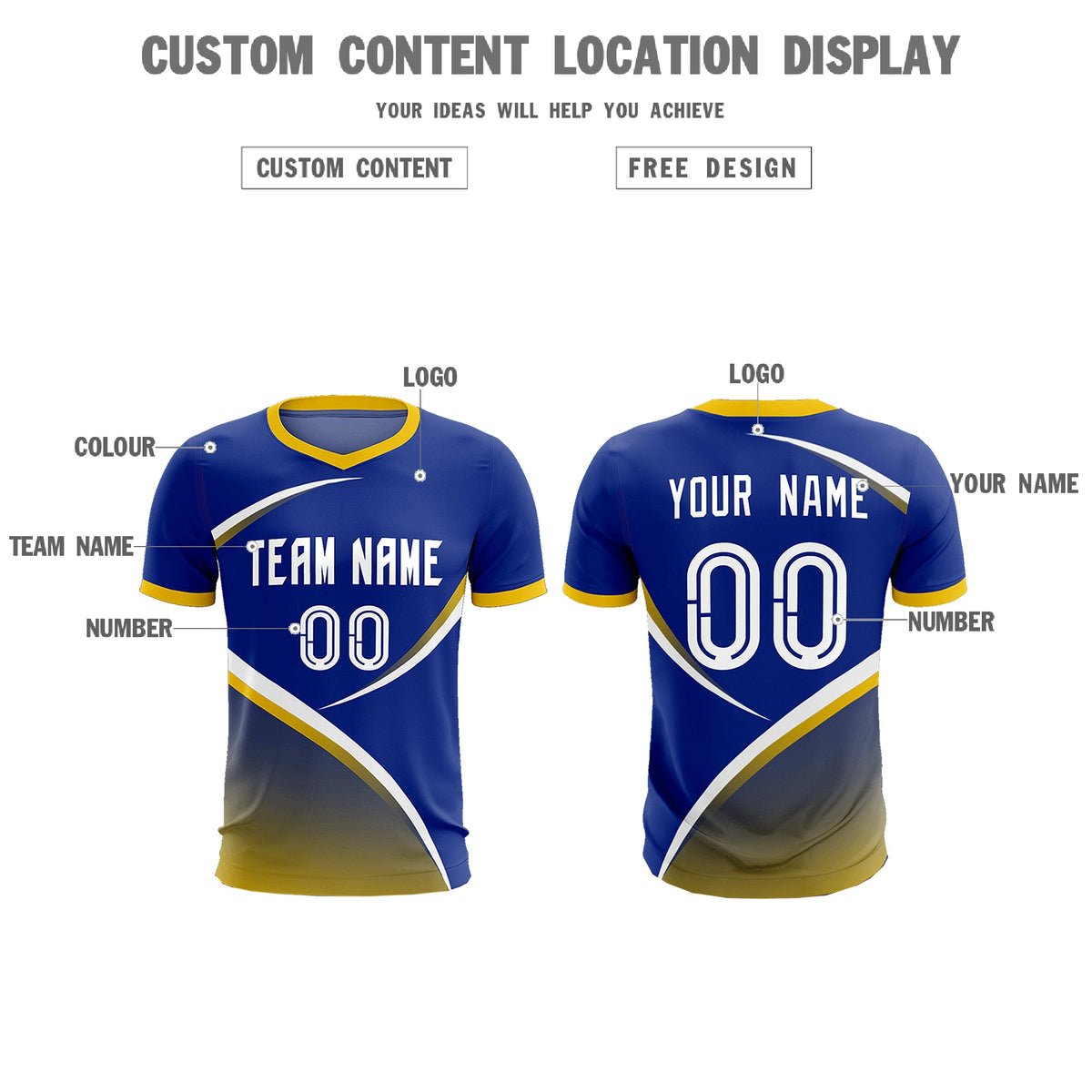 Custom Royal Gold Color Block Training Uniform For Men Soccer Sets Jersey