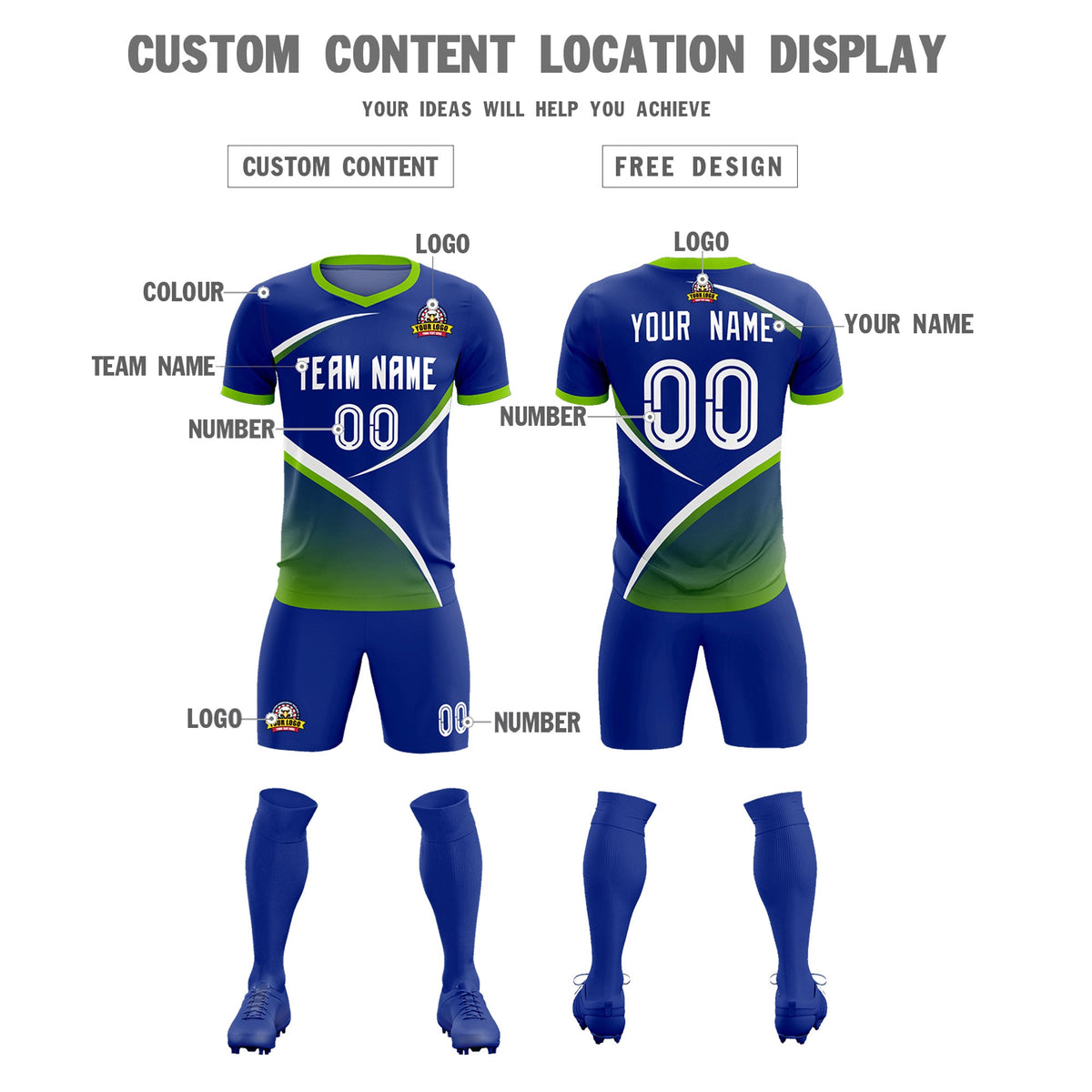 Custom Royal Neon Green Color Block Training Uniform For Men Soccer Sets Jersey