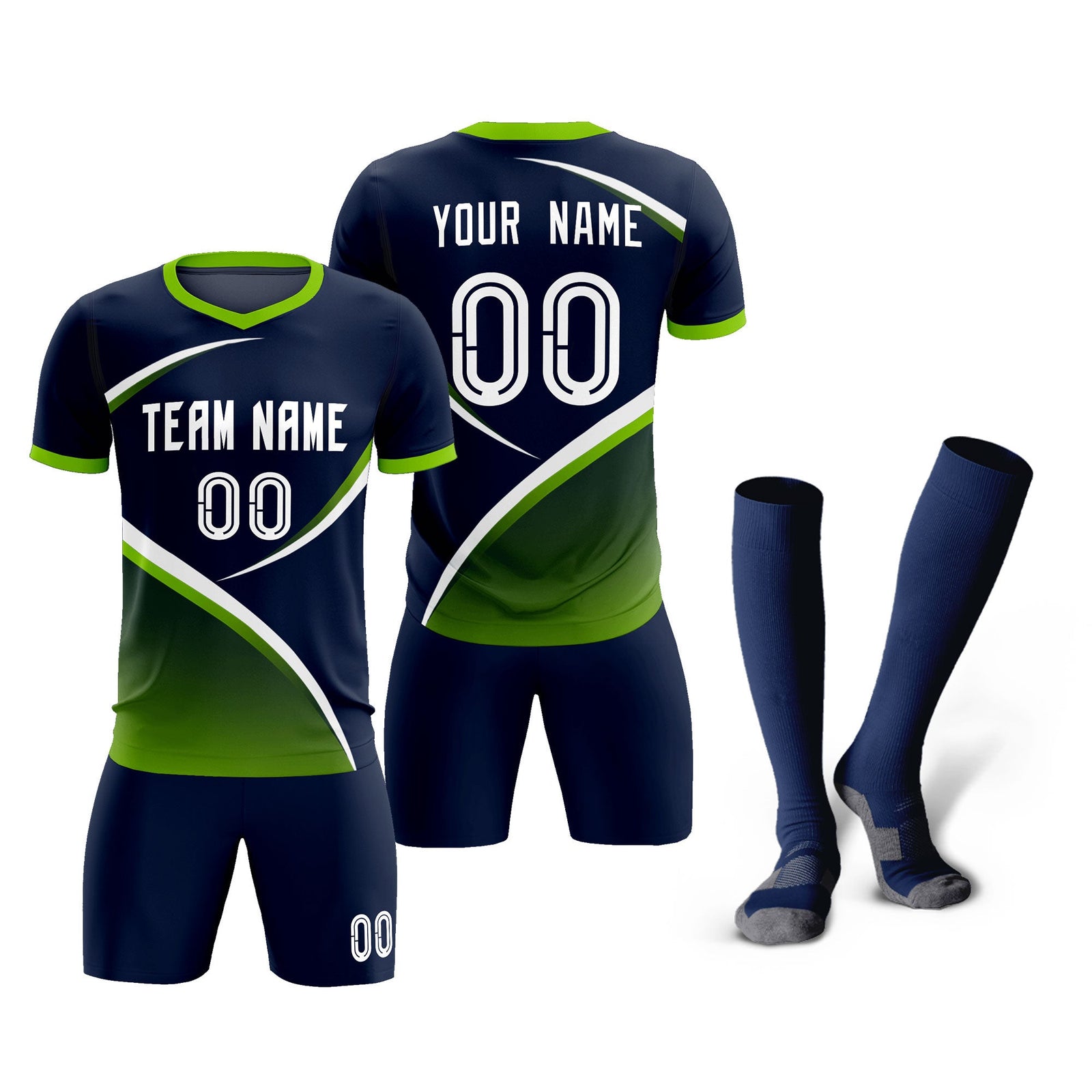 Custom Navy Neon Green Color Block Training Uniform For Men Soccer Sets Jersey