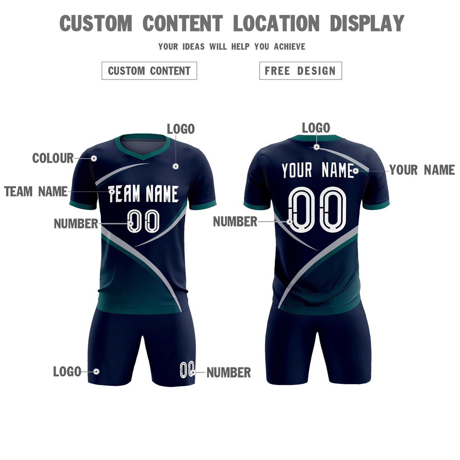 Custom Navy Aqua Color Block Training Uniform For Men Soccer Sets Jersey