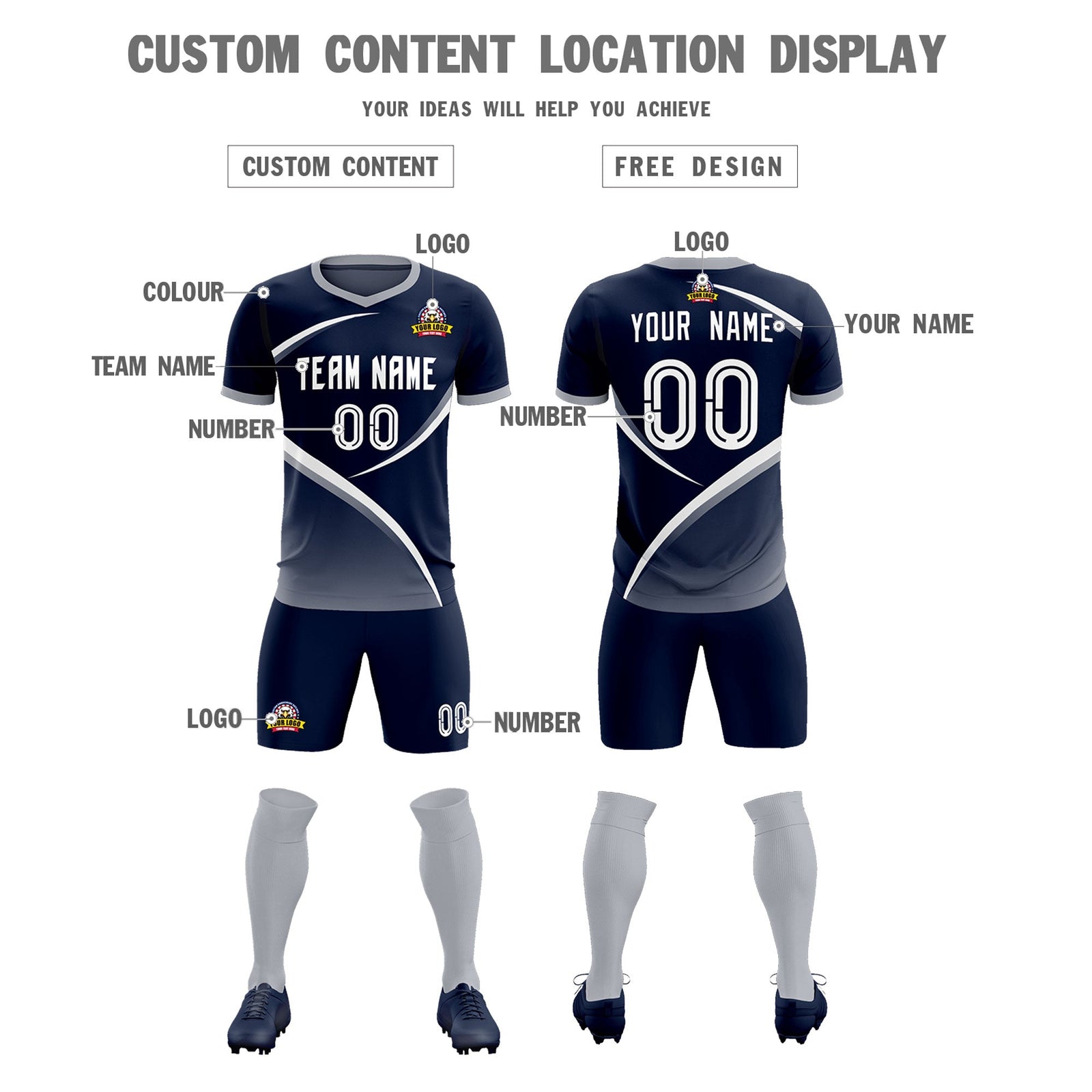 Custom Navy Gray Color Block Training Uniform For Men Soccer Sets Jersey