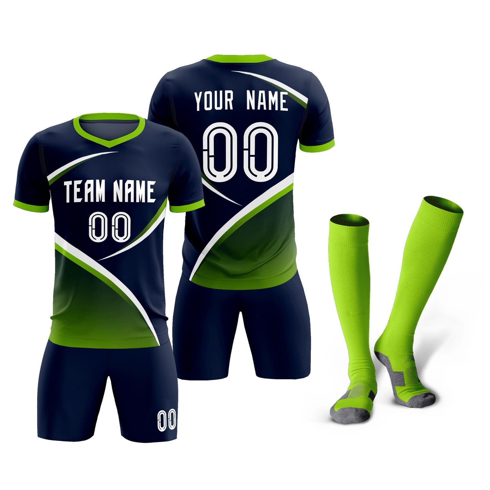Custom Navy Neon Green Color Block Training Uniform For Men Soccer Sets Jersey