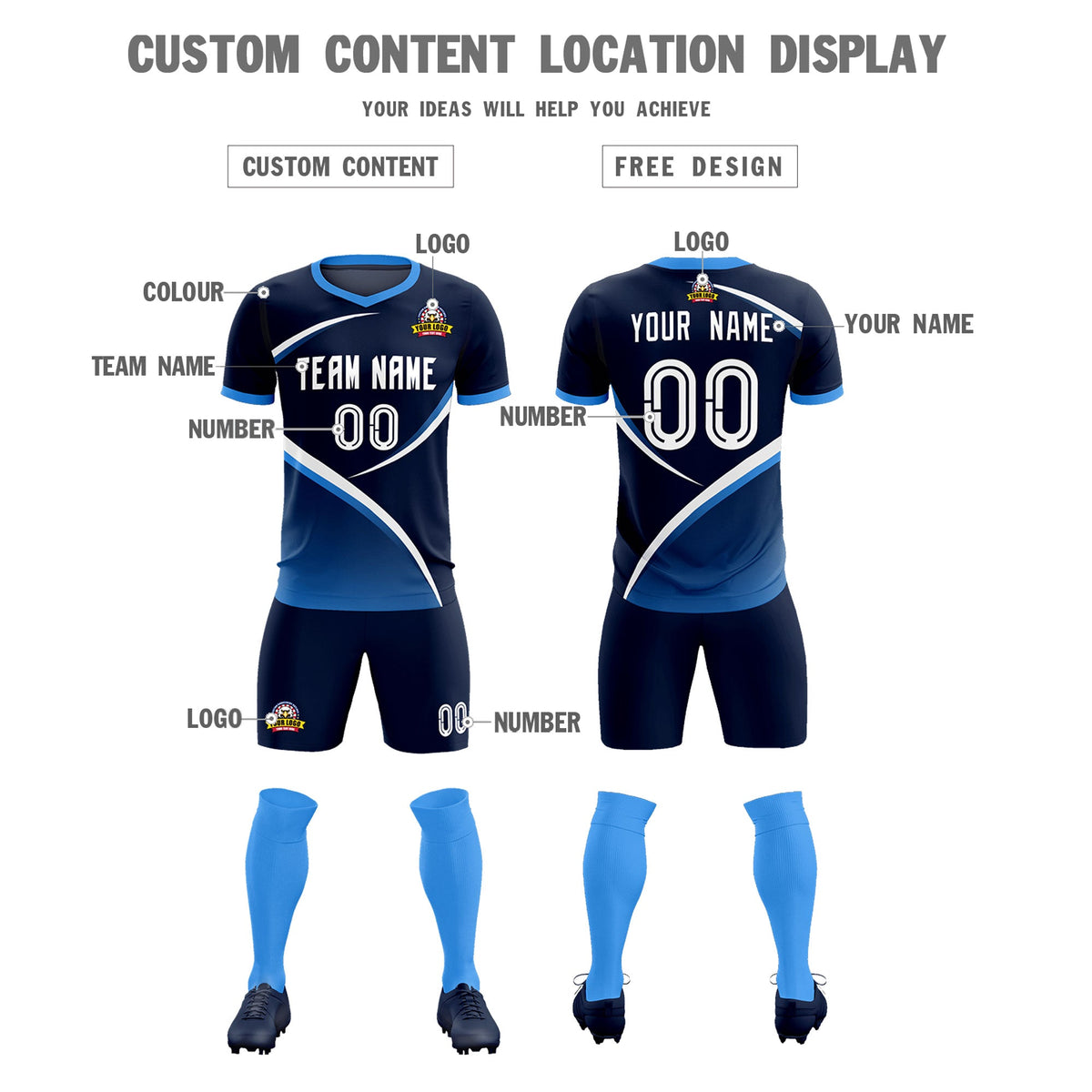 Custom Navy Powder Blue Color Block Training Uniform For Men Soccer Sets Jersey