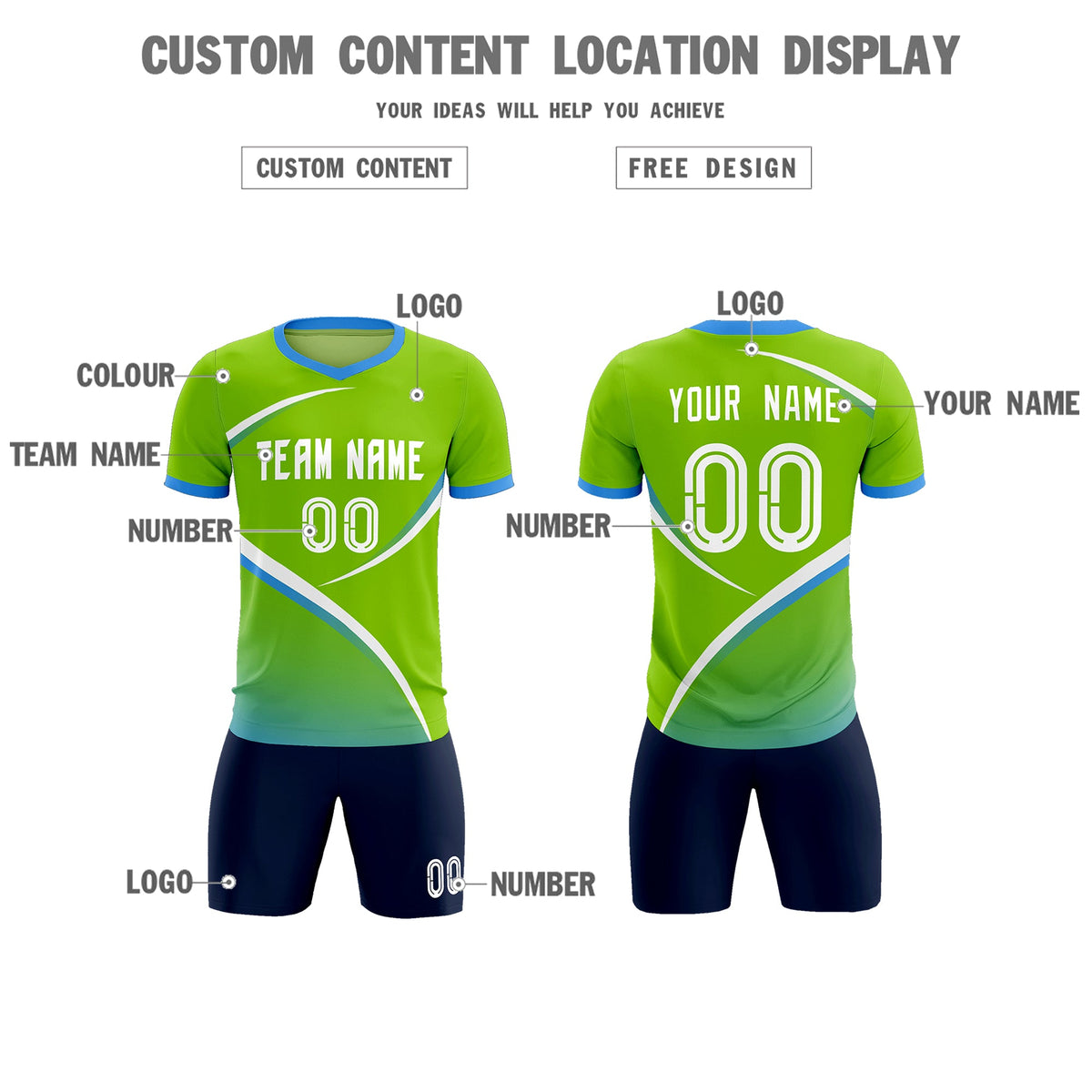 Custom Neon Green Powder Blue Color Block Training Uniform For Men Soccer Sets Jersey