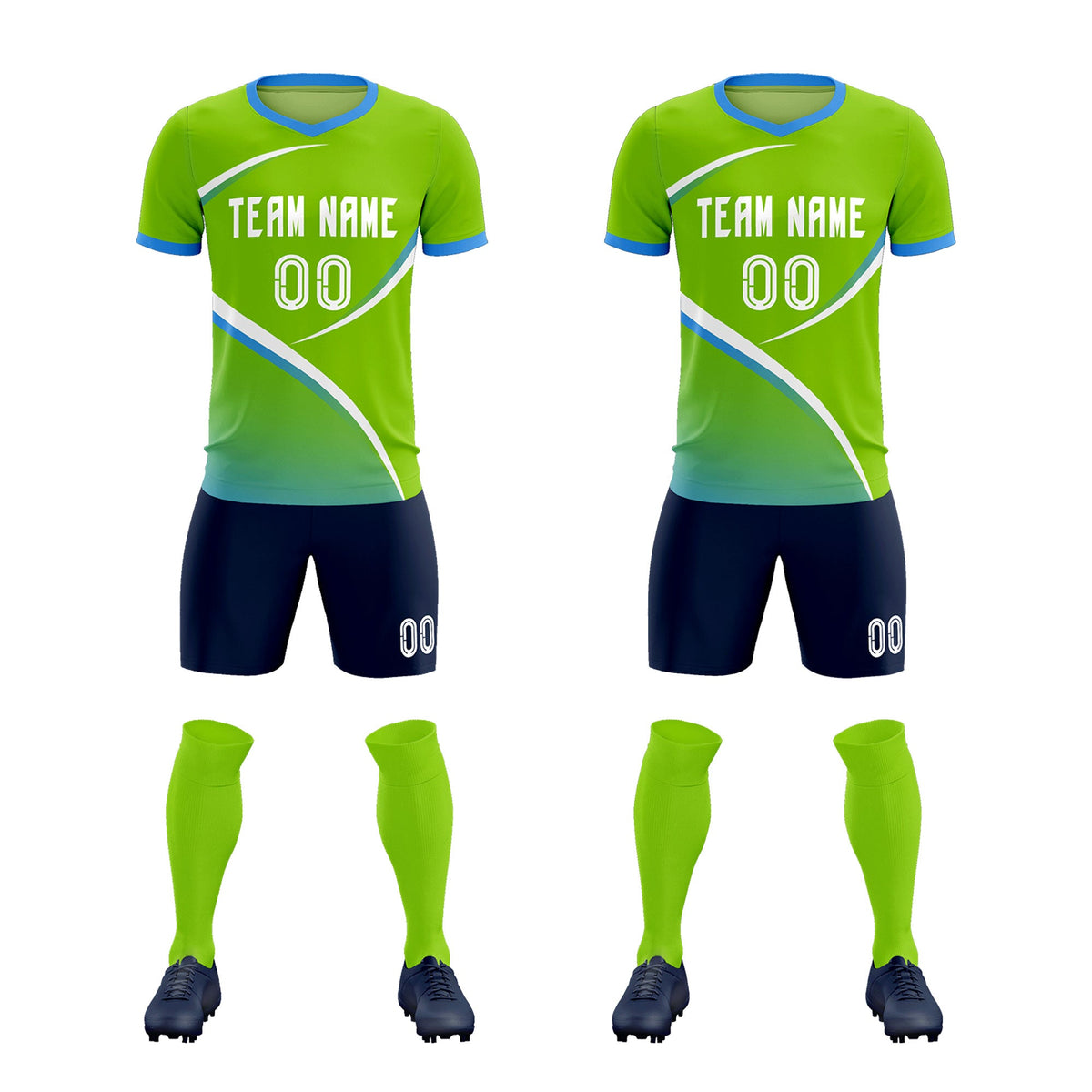 Custom Neon Green Powder Blue Color Block Training Uniform For Men Soccer Sets Jersey