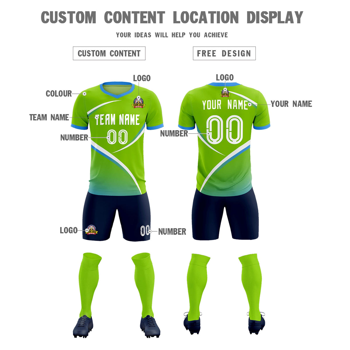 Custom Neon Green Powder Blue Color Block Training Uniform For Men Soccer Sets Jersey