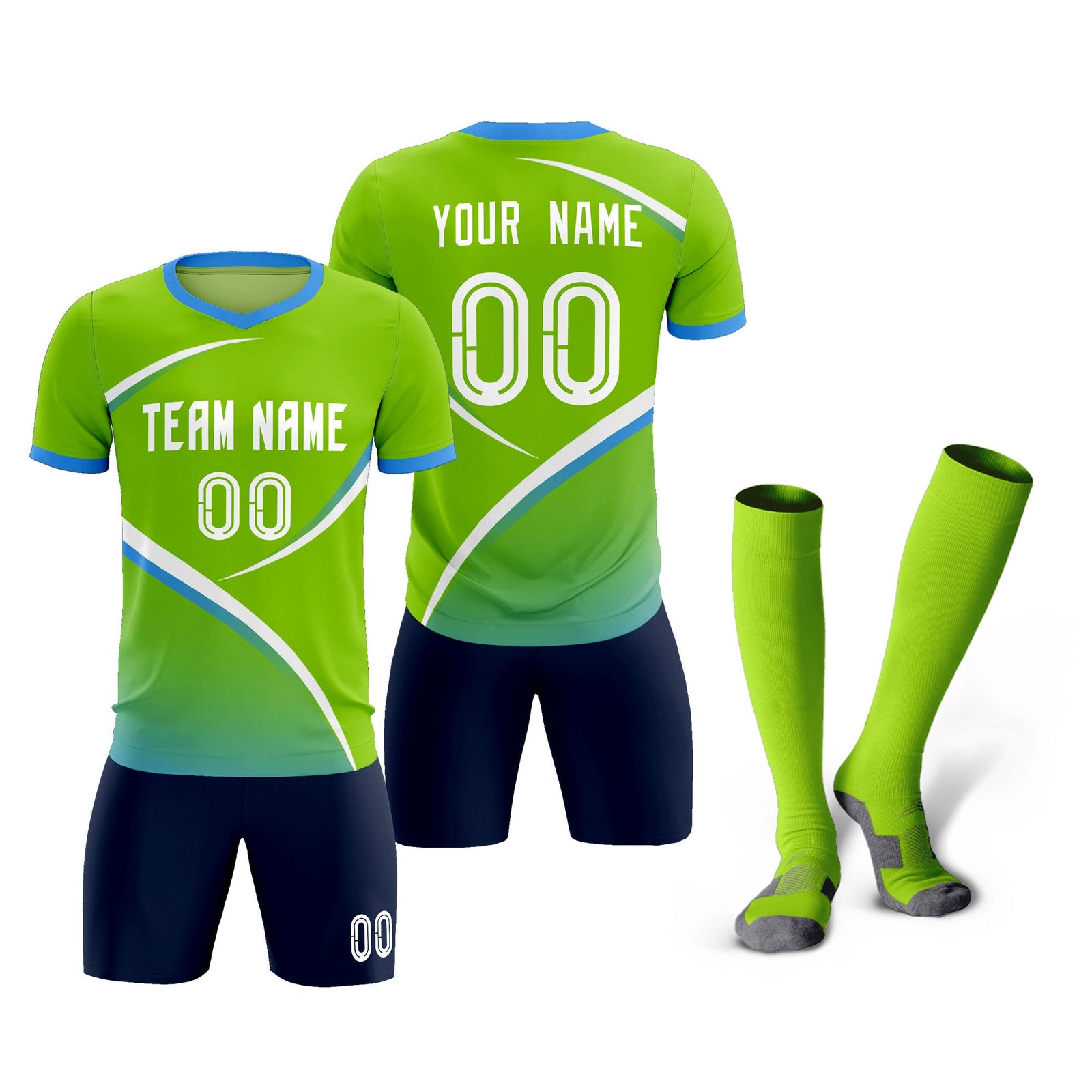 Custom Neon Green Powder Blue Color Block Training Uniform For Men Soccer Sets Jersey