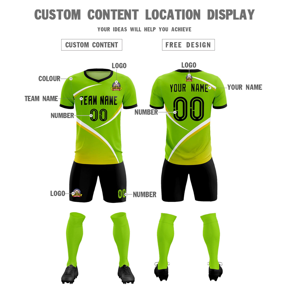 Custom Neon Green Black Color Block Training Uniform For Men Soccer Sets Jersey