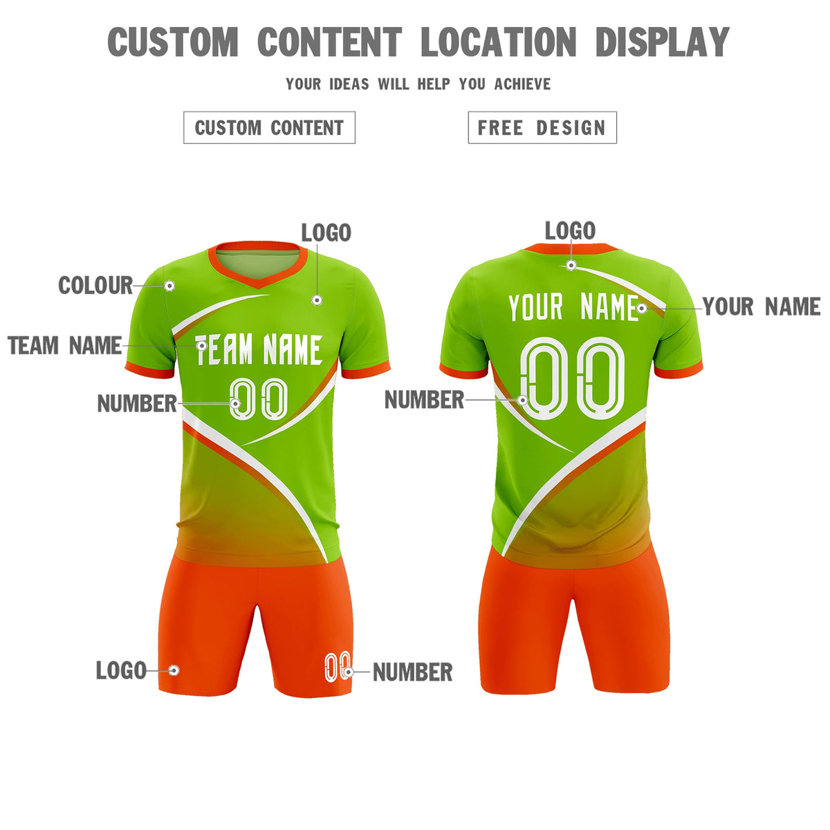 Custom Neon Green Orange Color Block Training Uniform For Men Soccer Sets Jersey
